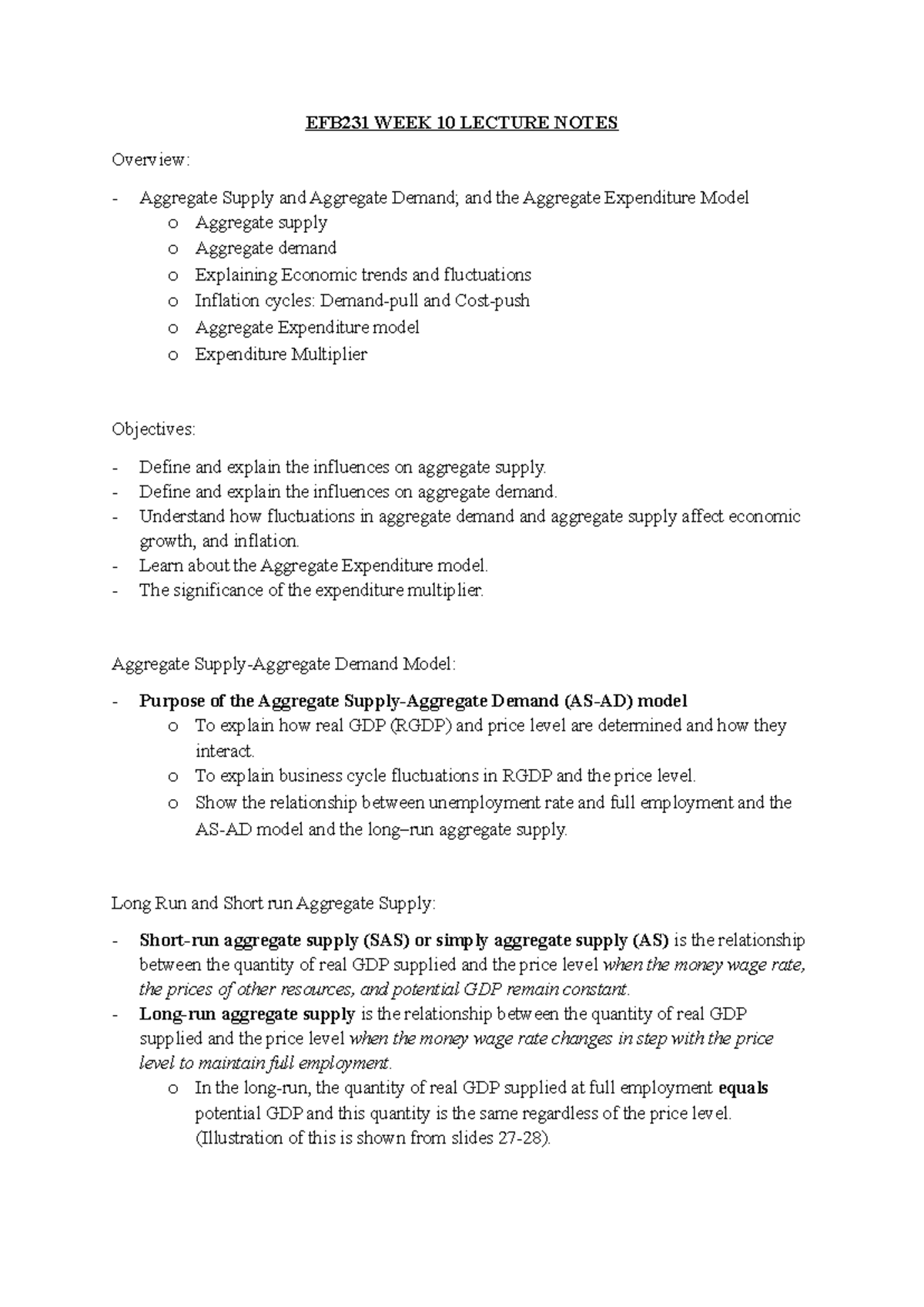 EFB231 WEEK 10 LECTURE NOTES: Aggregate Supply & Expenditure Model ...