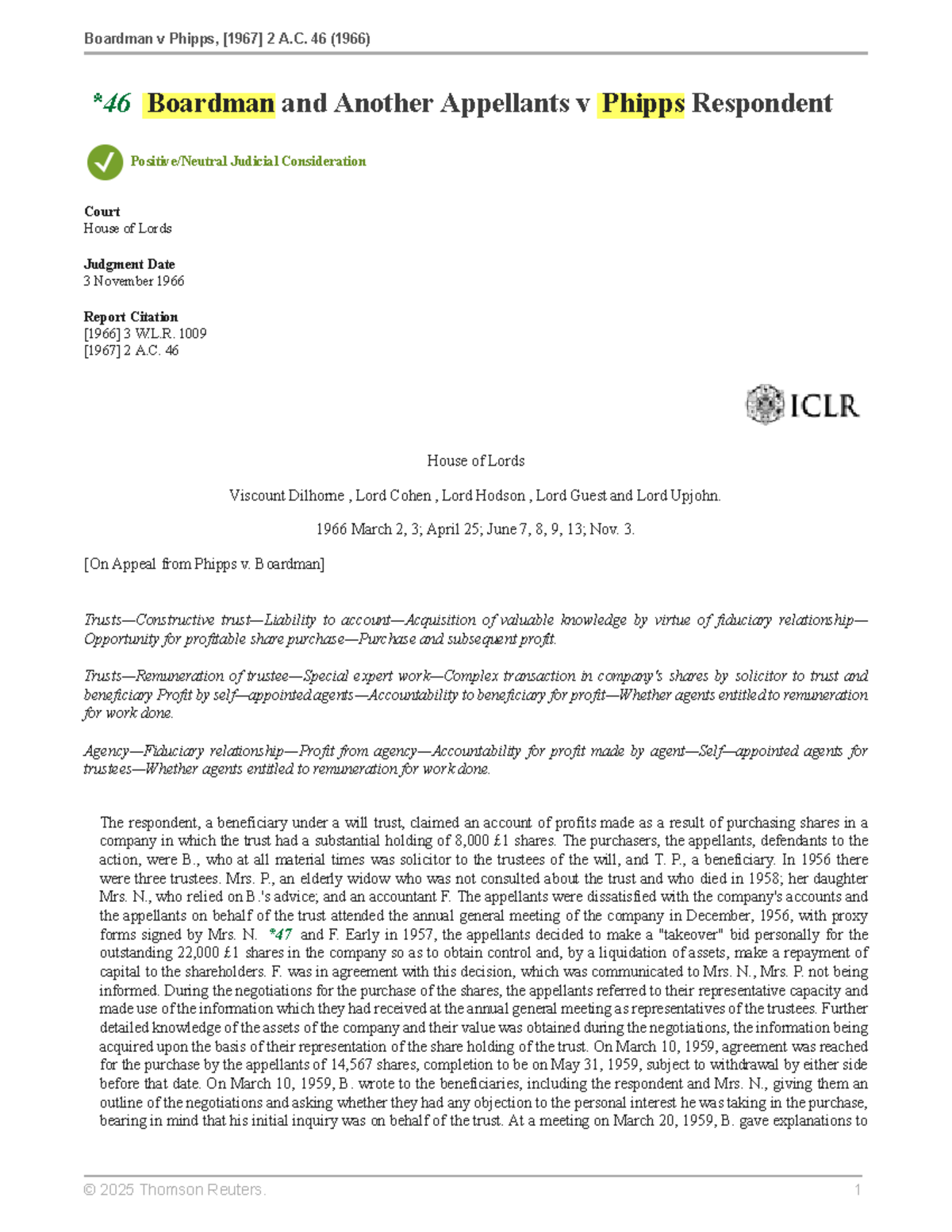 Boardman v Phipps - Key Details of Equity Law Case Analysis (1966 ...