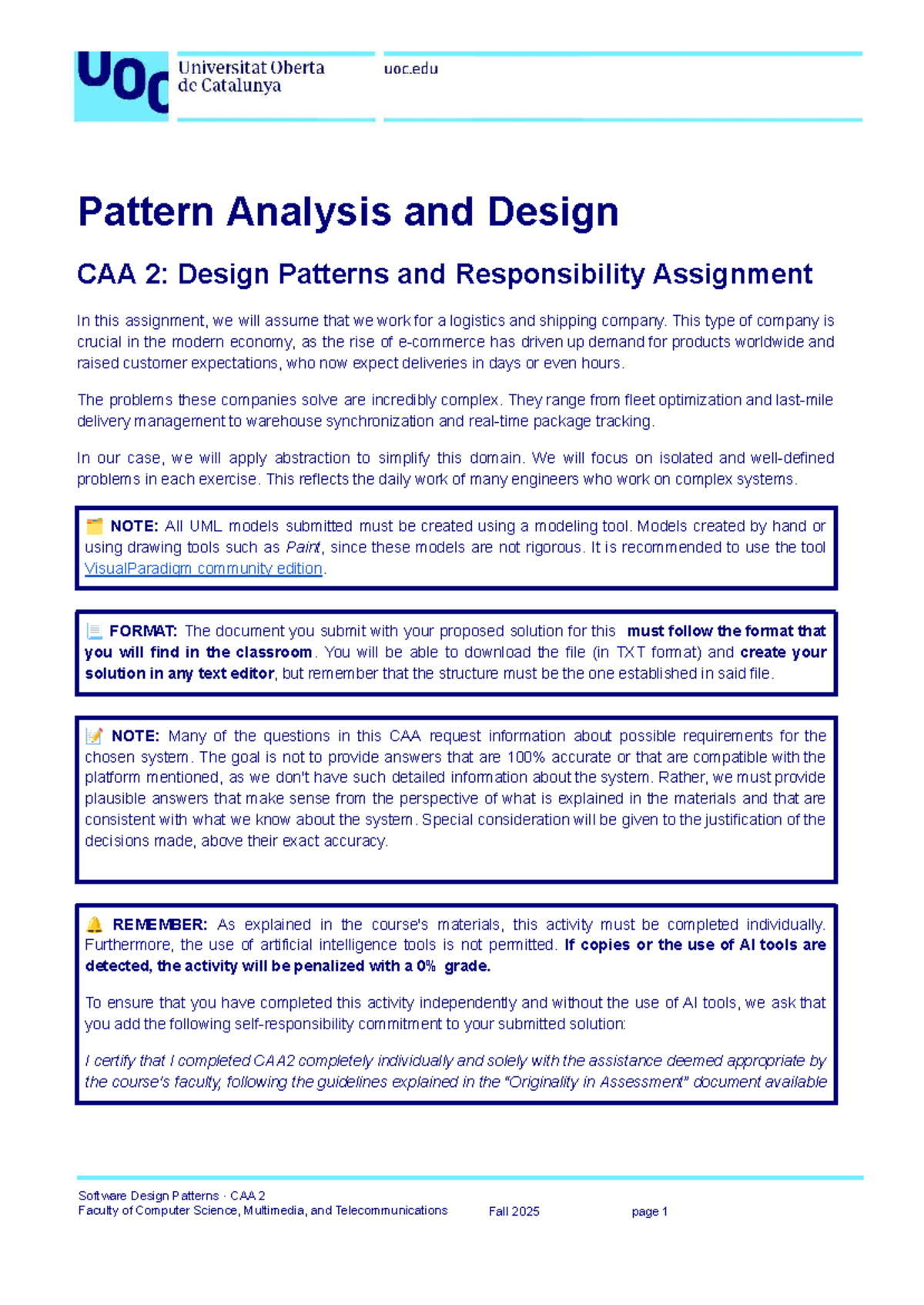 Software Design Patterns CAA 2: Logistics System Design Patterns ...