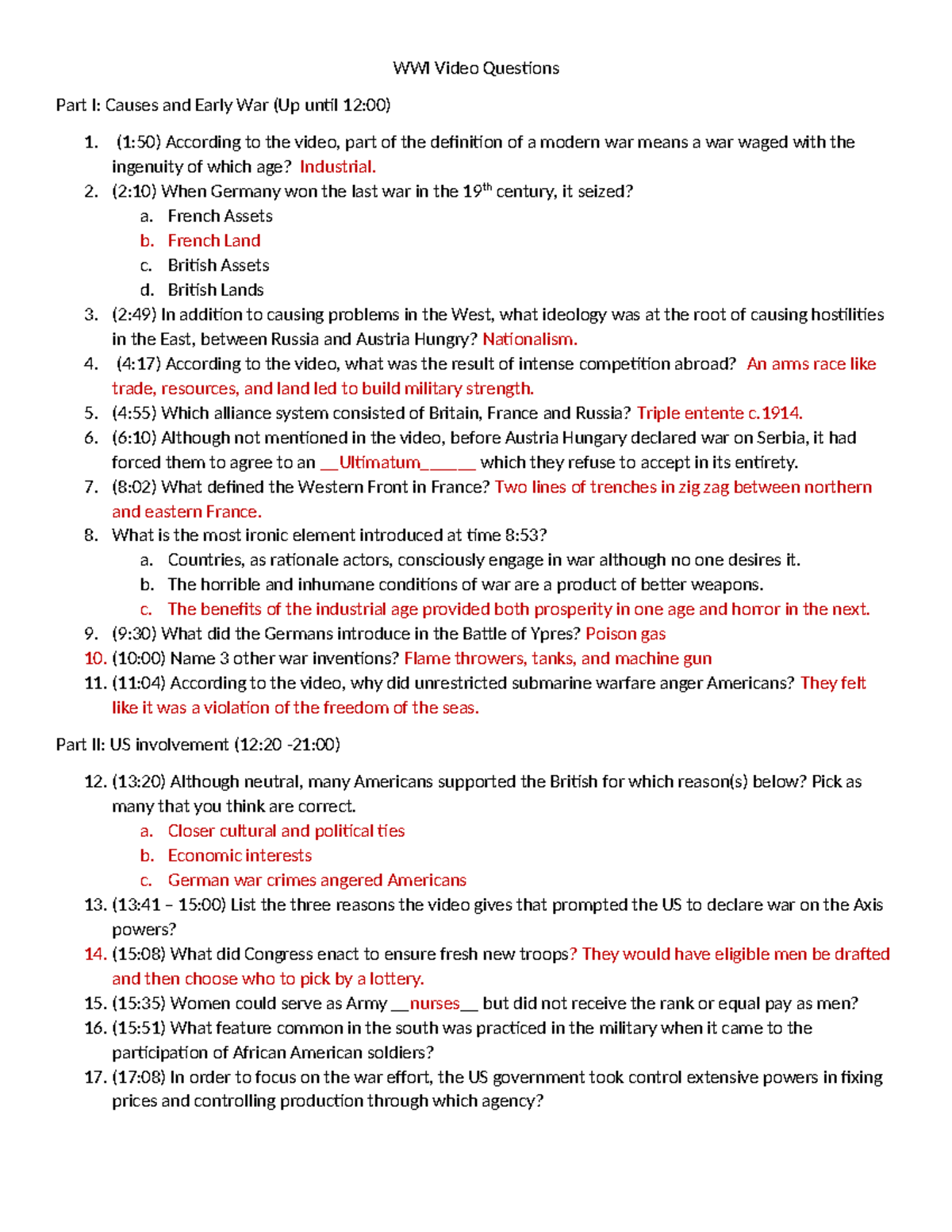 WWI Video Questions & Answers: Causes to US Involvement Study Guide ...