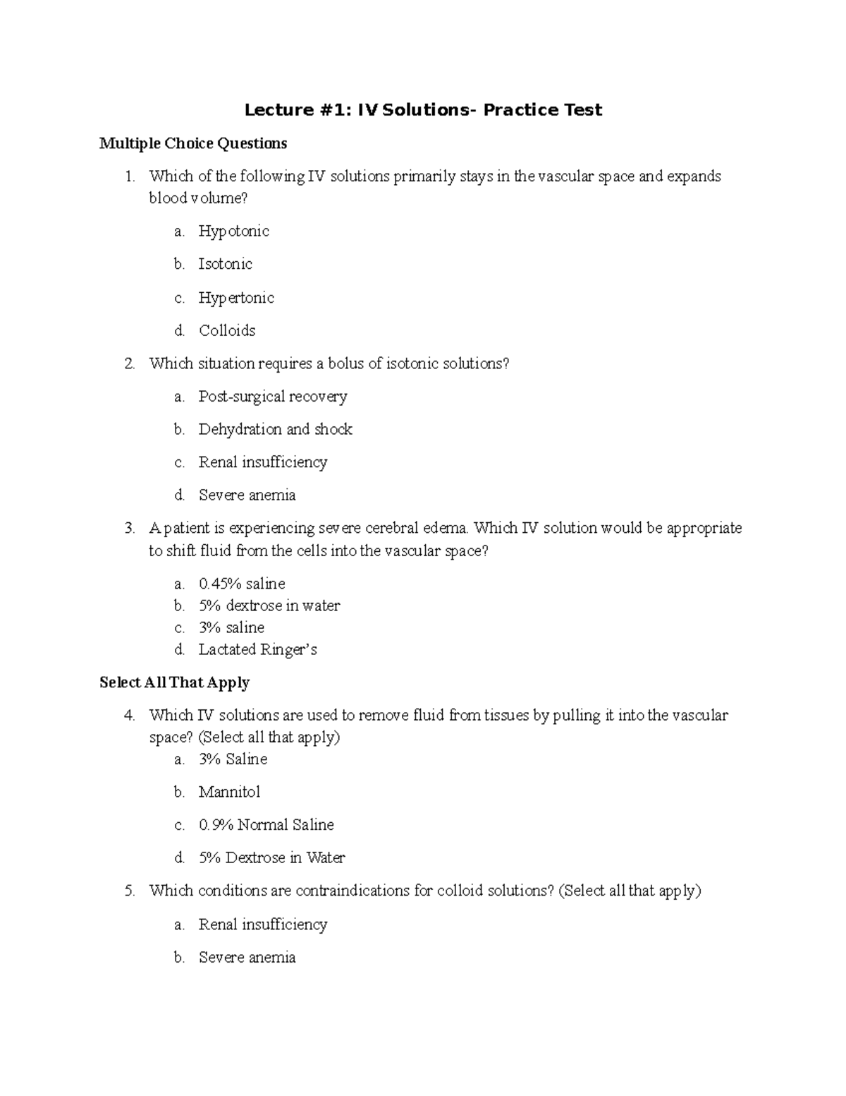 PHAR1059 - Practice Test on IV Solutions: Multiple Choice Questions ...