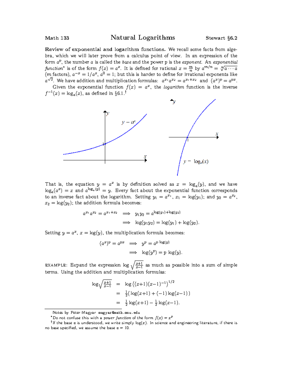 Math 133 Lecture Notes on Natural Logarithms and Exponentials - Studeersnel