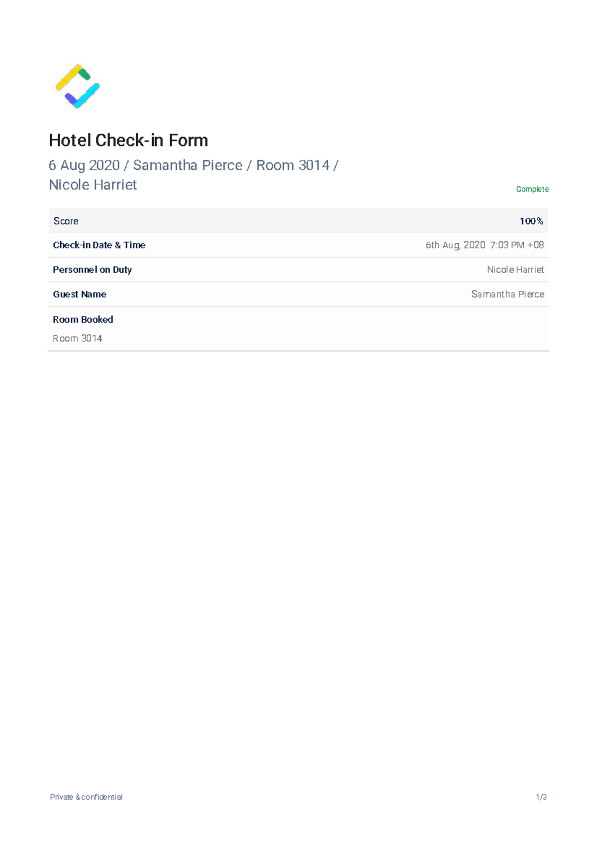 Hotel Check-in Form Sample Report - 6 Aug 2020 - Studocu