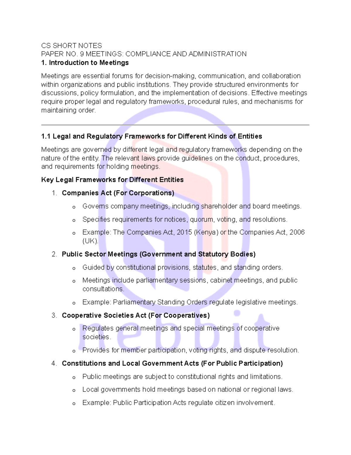 CS 9: Short Notes on Meetings - Compliance & Administration Overview ...