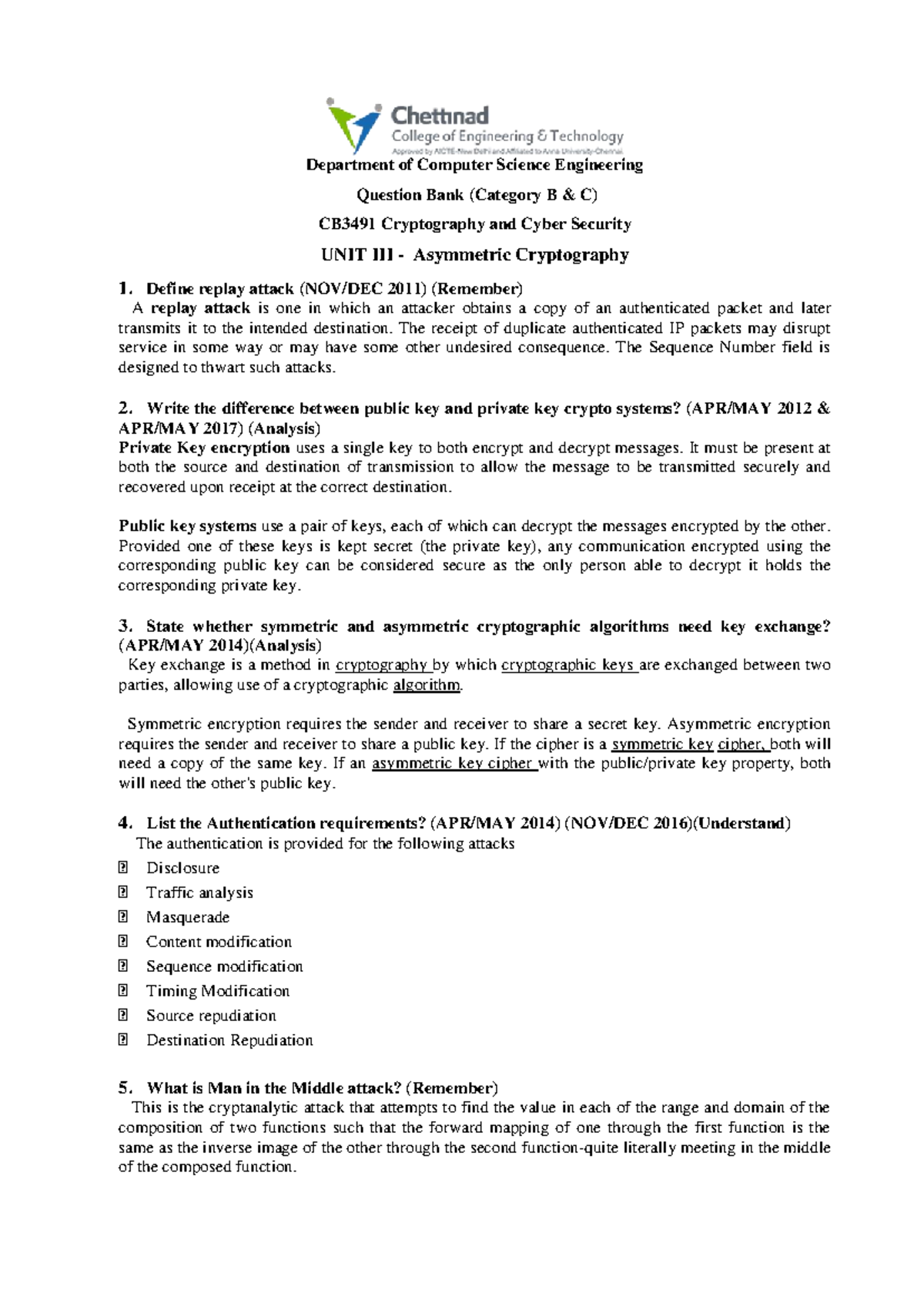 CB3491 Cryptography and Cyber Security B & C - Department of Computer ...