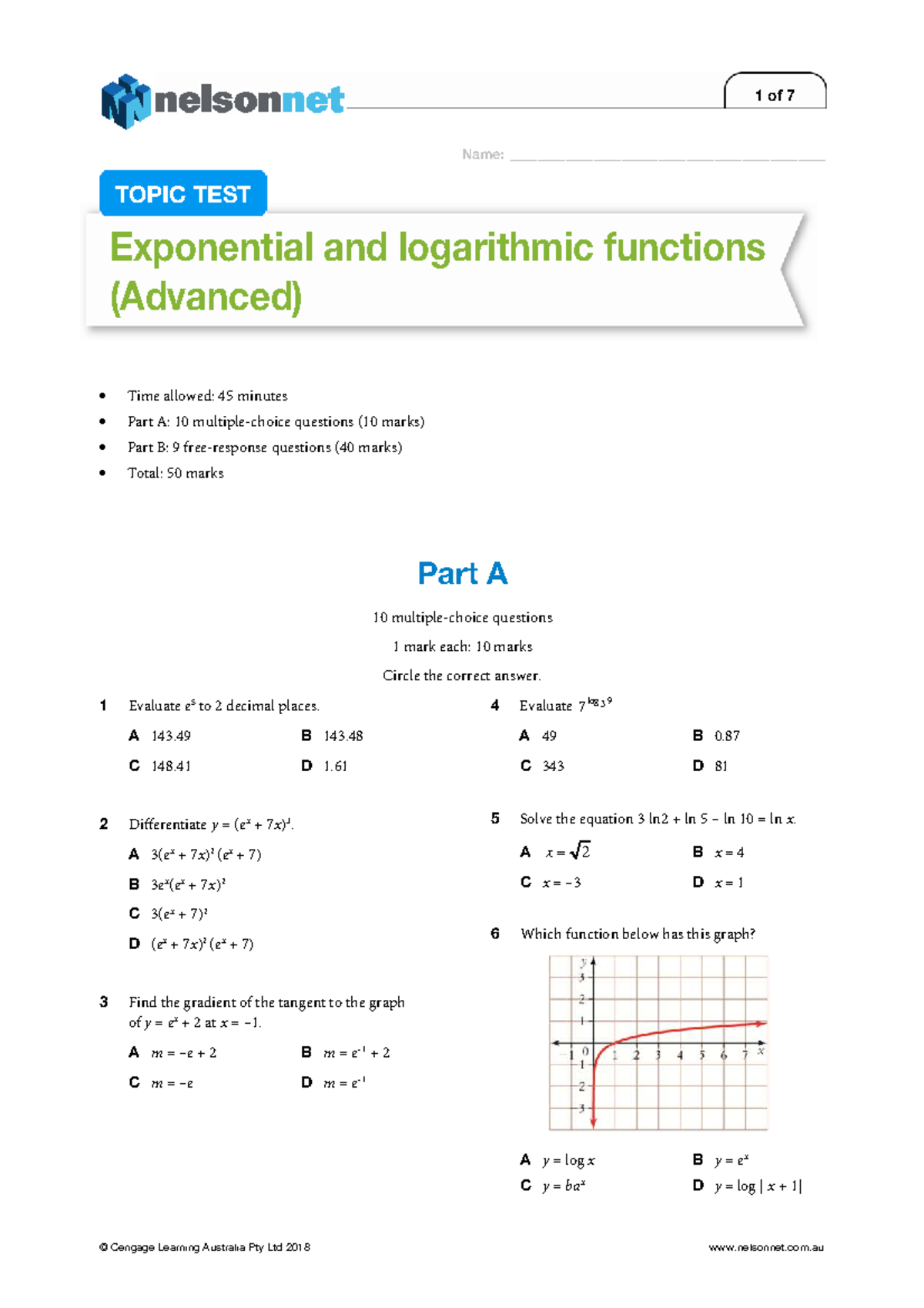 Revision of Exponential & Logarithmic Functions: Topic Test (Advanced ...