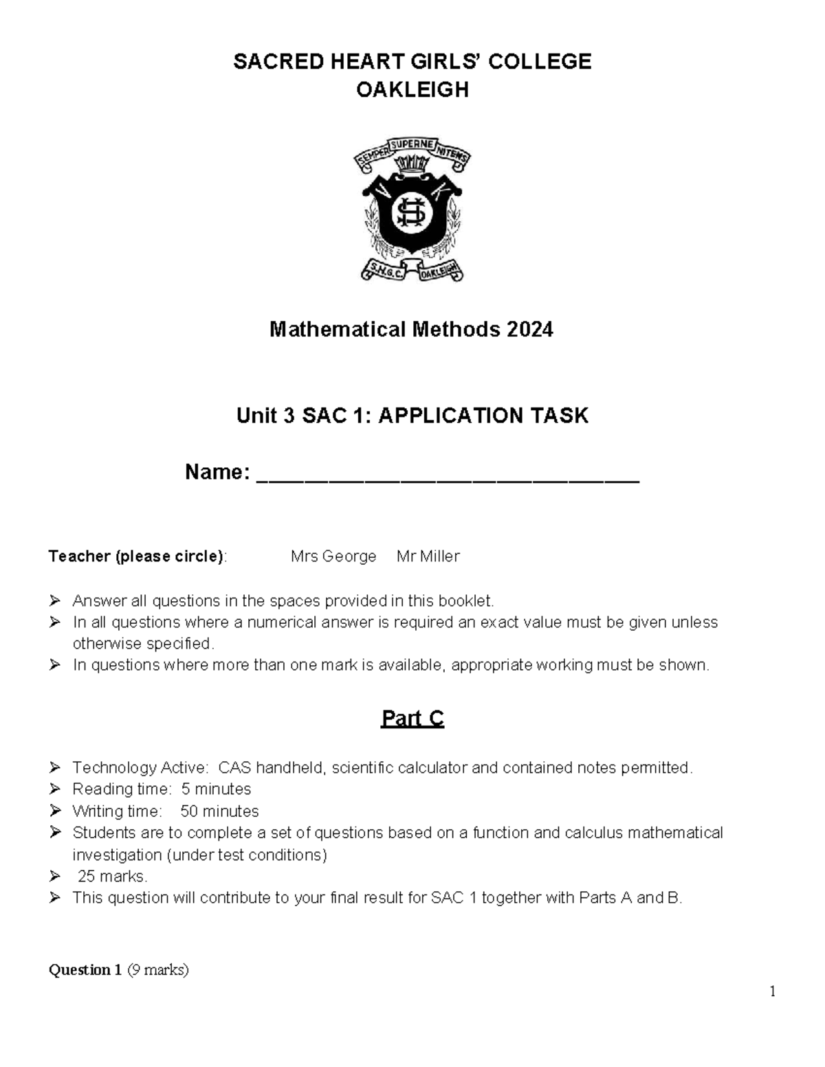 SACRED HEART COLLEGE OAKLEIGH Mathematical Methods 2024 Unit 3 SAC 1 ...
