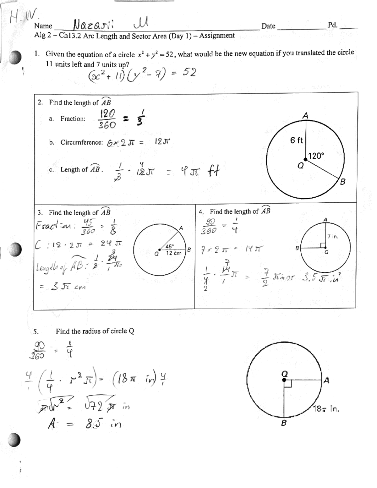 Algebra 2 - Arc Length and Sector Area - AS.110.756. - . oo H. Name ...