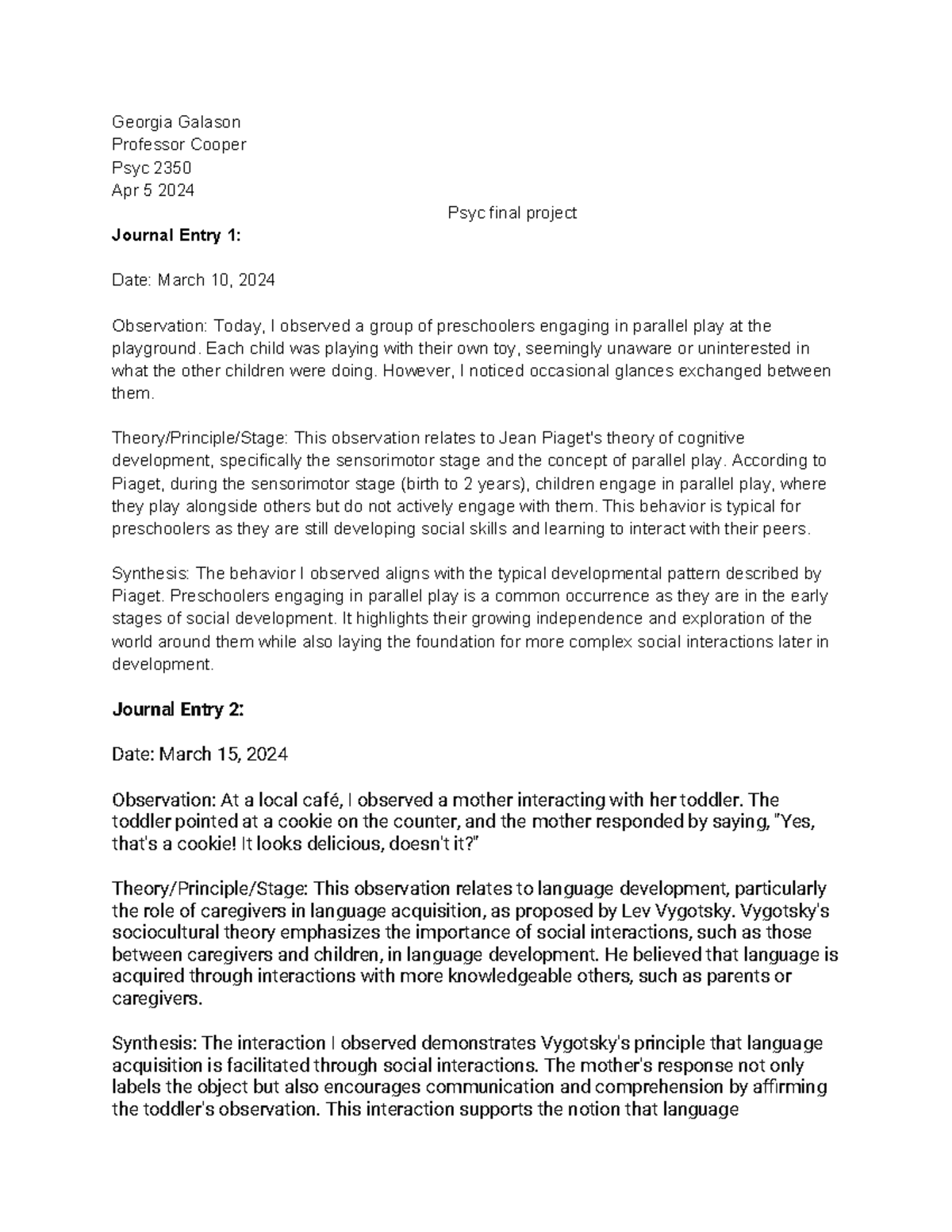 Psyc 2350 Final Project: Journal Entries on Child & Adolescent ...
