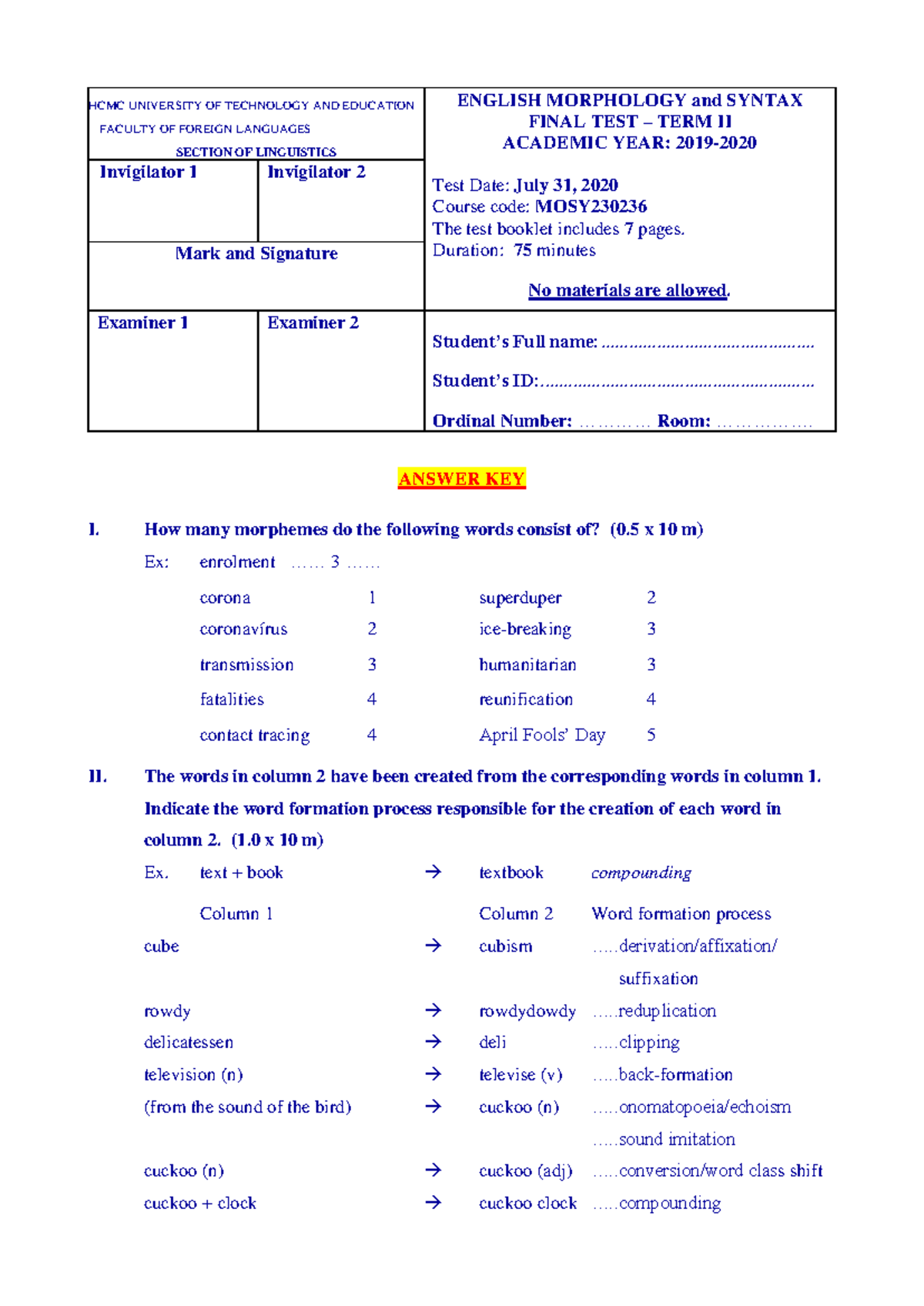 MOSY230236 ENGLISH MORPHOLOGY & SYNTAX FINAL TEST ANSWER KEY - Studocu