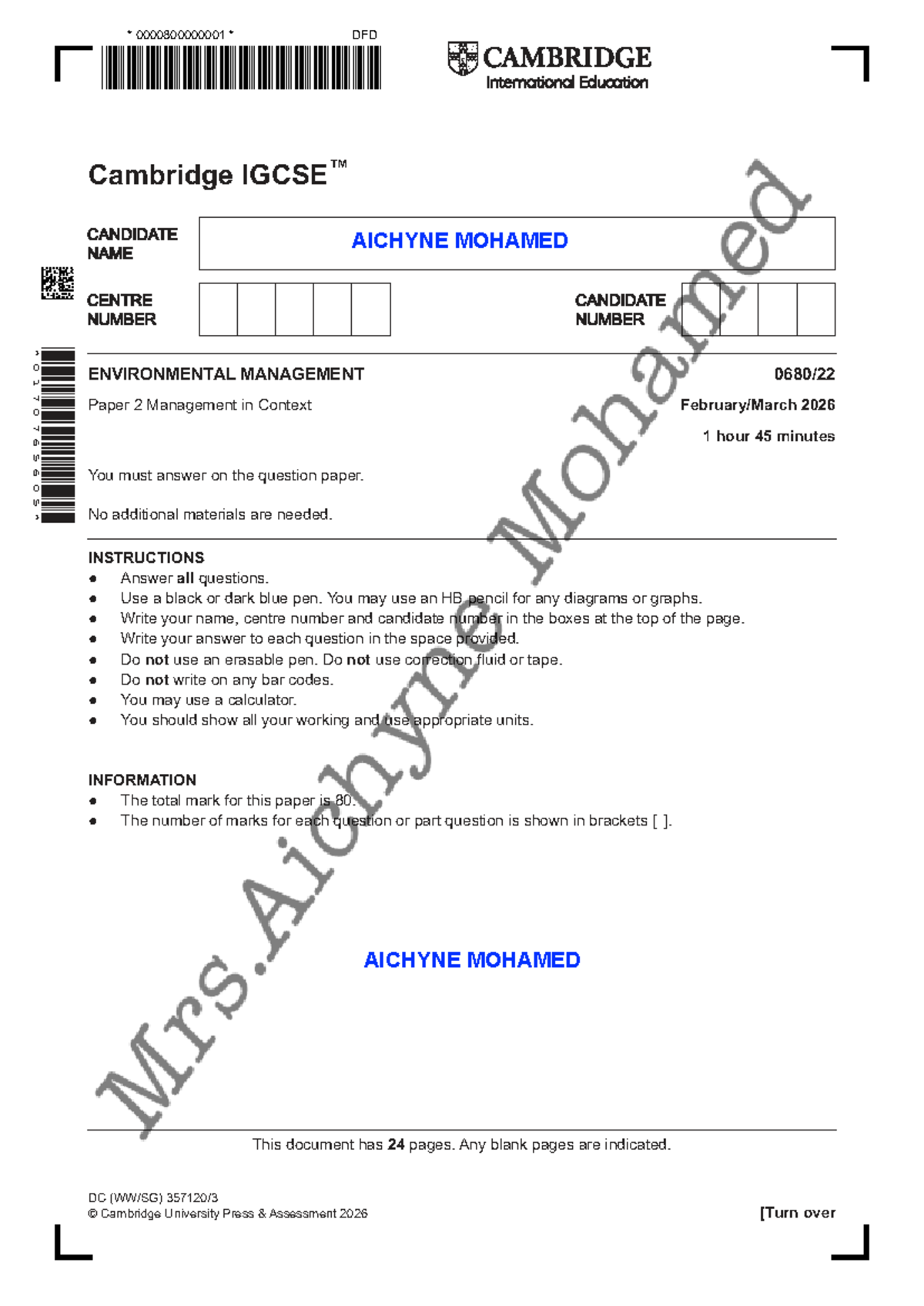 AICHYNE MOHAMED DFD Environmental Management Paper 2 Exam 2026 - Studocu