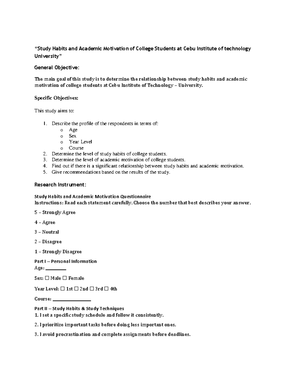 Study Habits & Academic Motivation of College Students at CIT - Studocu