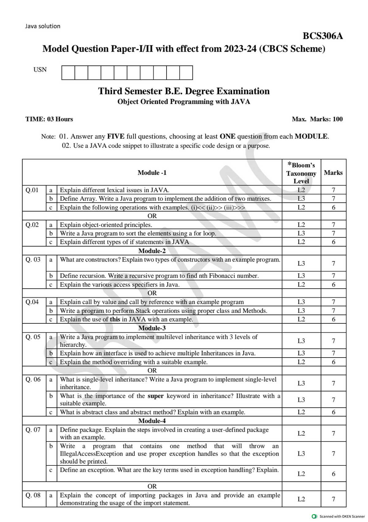 Java Solutions for BCS306A Model Question - OOP in CBCS Scheme - Studocu
