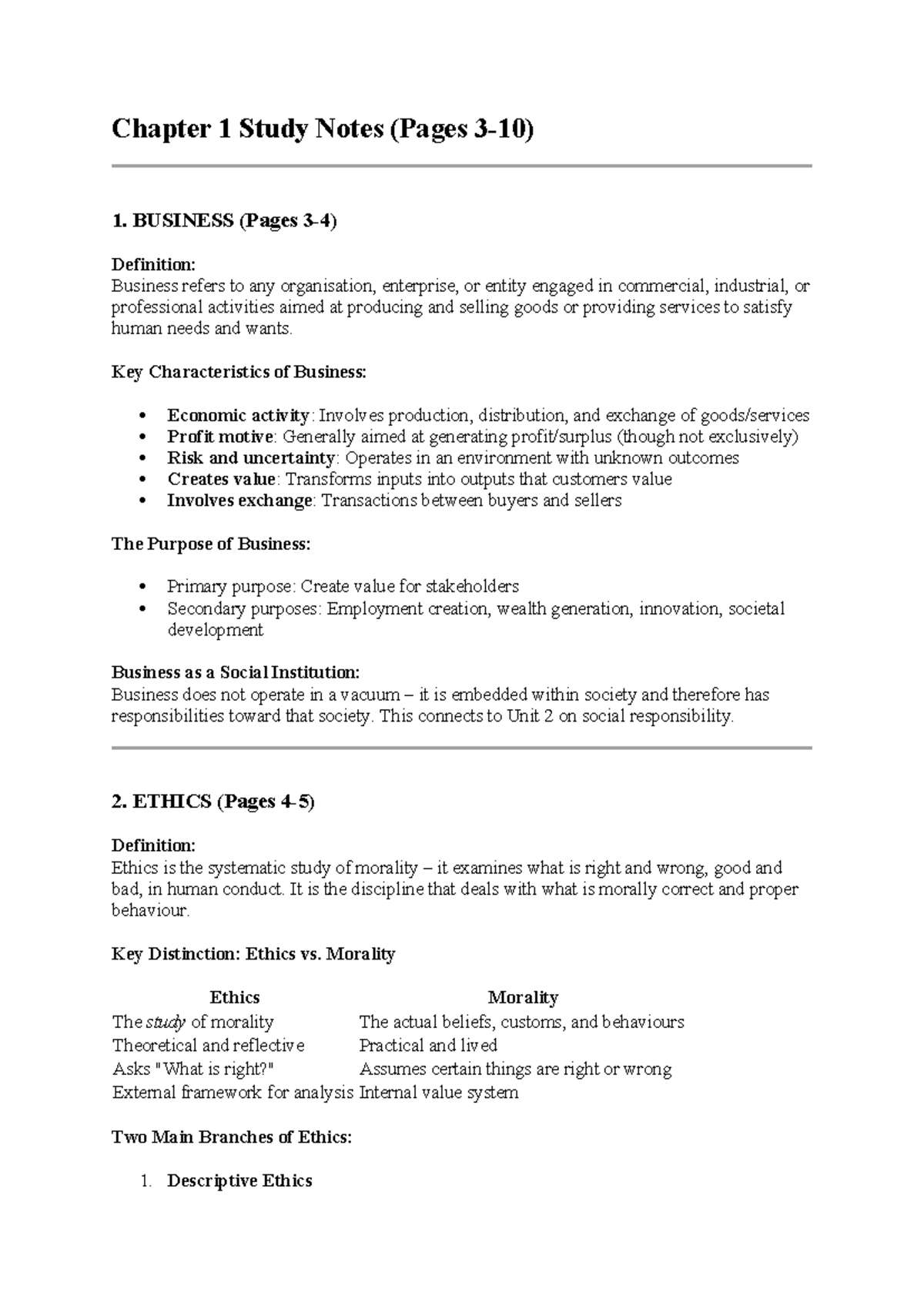 Chapter 1 Study Notes: Business Ethics and Values (BUS 101) - Studocu