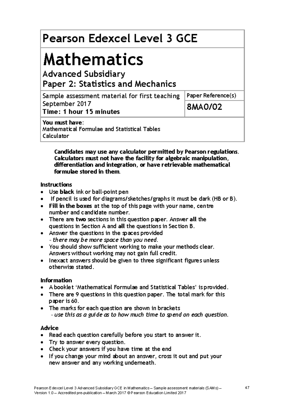 Maths GCE AS Level 3 Paper 2: Statistics & Mechanics Sample Exam - Studocu