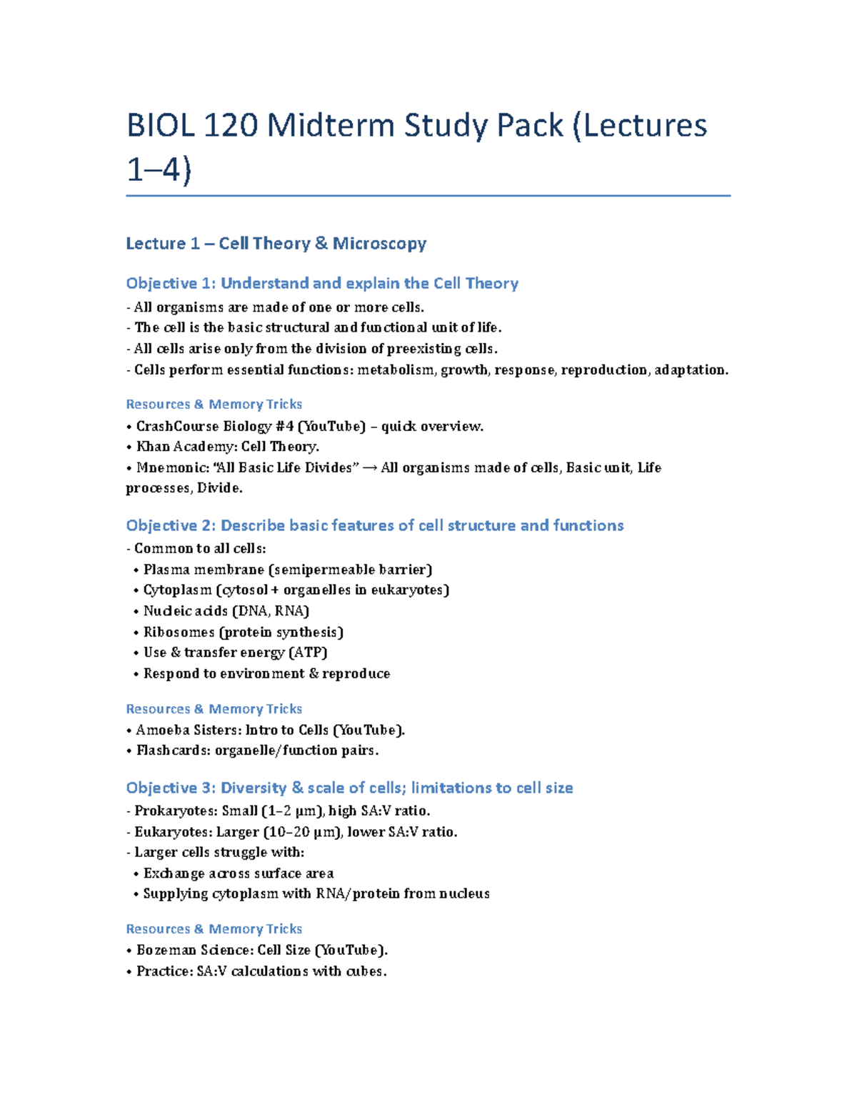 BIOL 120 Midterm Study Guide: Cell Theory, Structure & Functions - Studocu