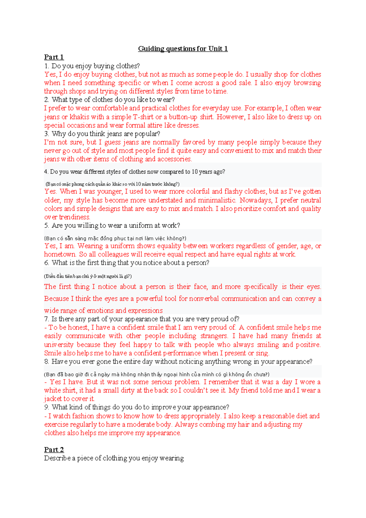 Speaking 2 - Guiding questions for Unit 1 - Guiding questions for Unit ...