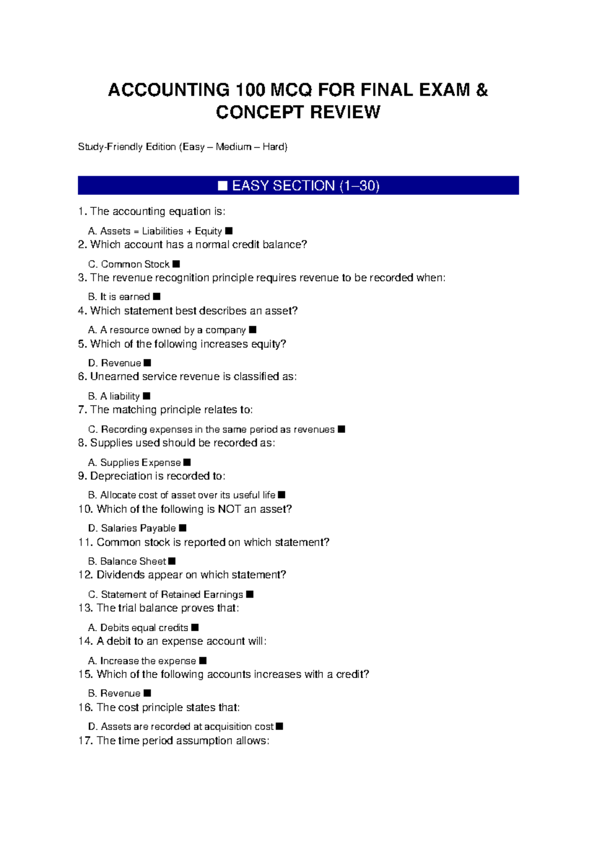 ACCOUNTING 100 FINAL EXAM MCQ REVIEW (EASY SECTION) - Studocu
