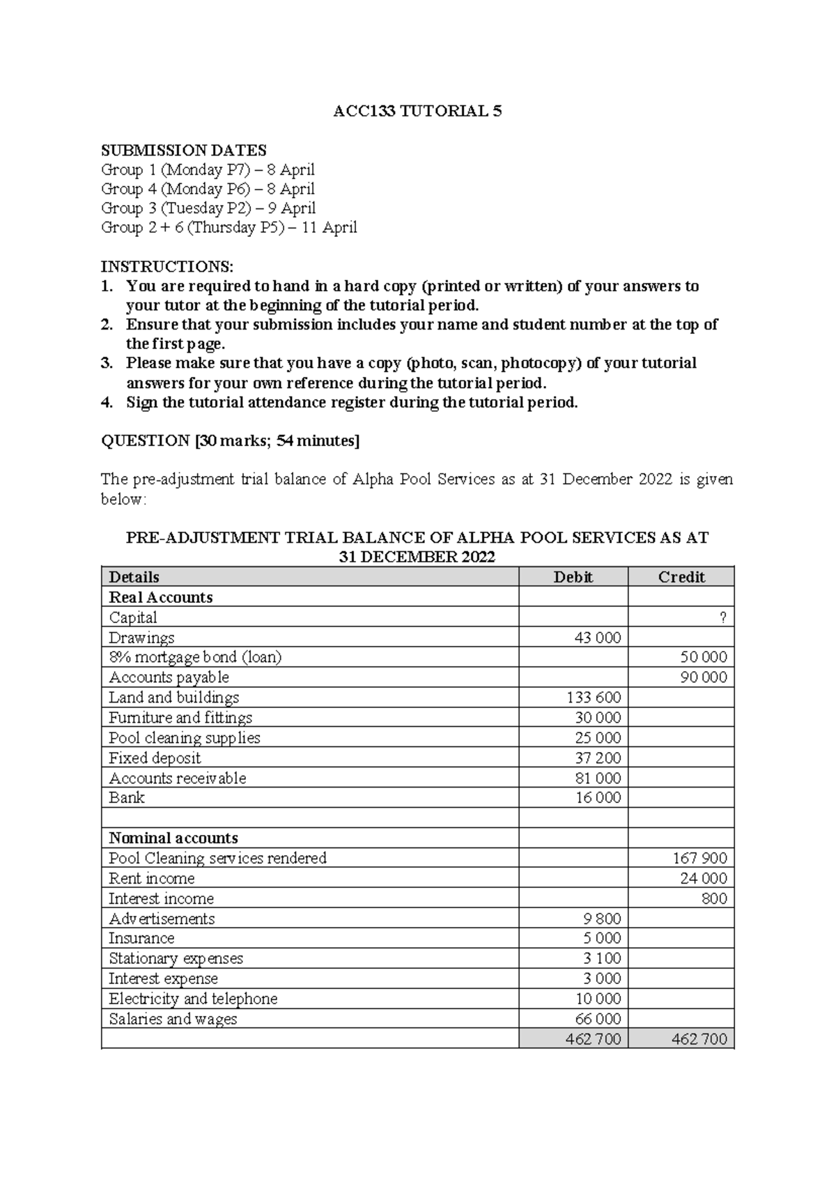 ACC133 Tutorial 5 Submission Dates & Instructions (Week of 8 April ...