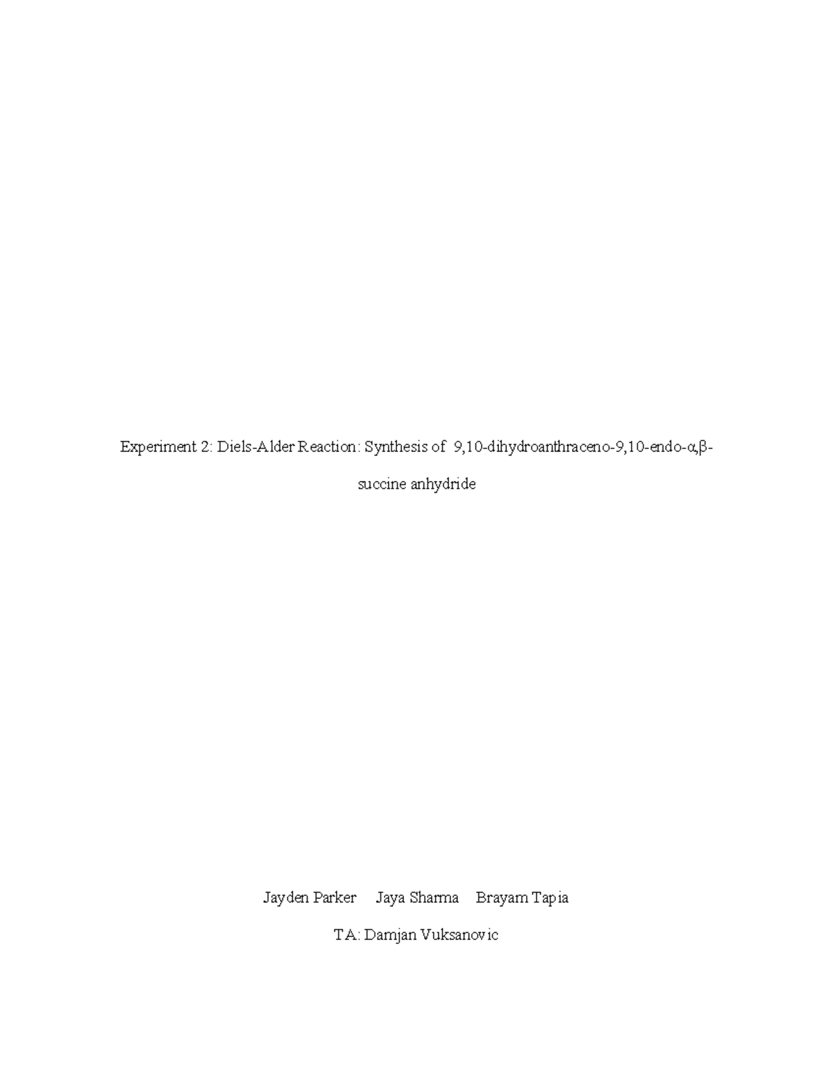 Experiment 2: Diels-Alder Reaction Synthesis of Anhydride - Studocu