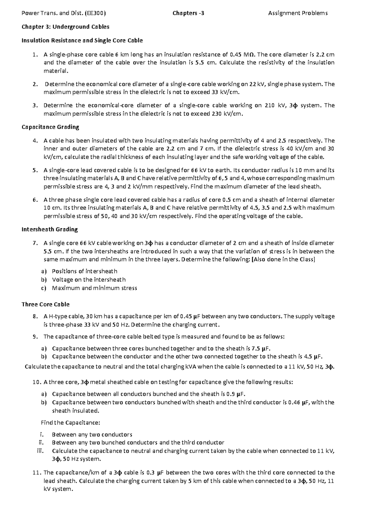 EE300 Assignment Problems: Chapter 3 on Underground Cables - Studocu