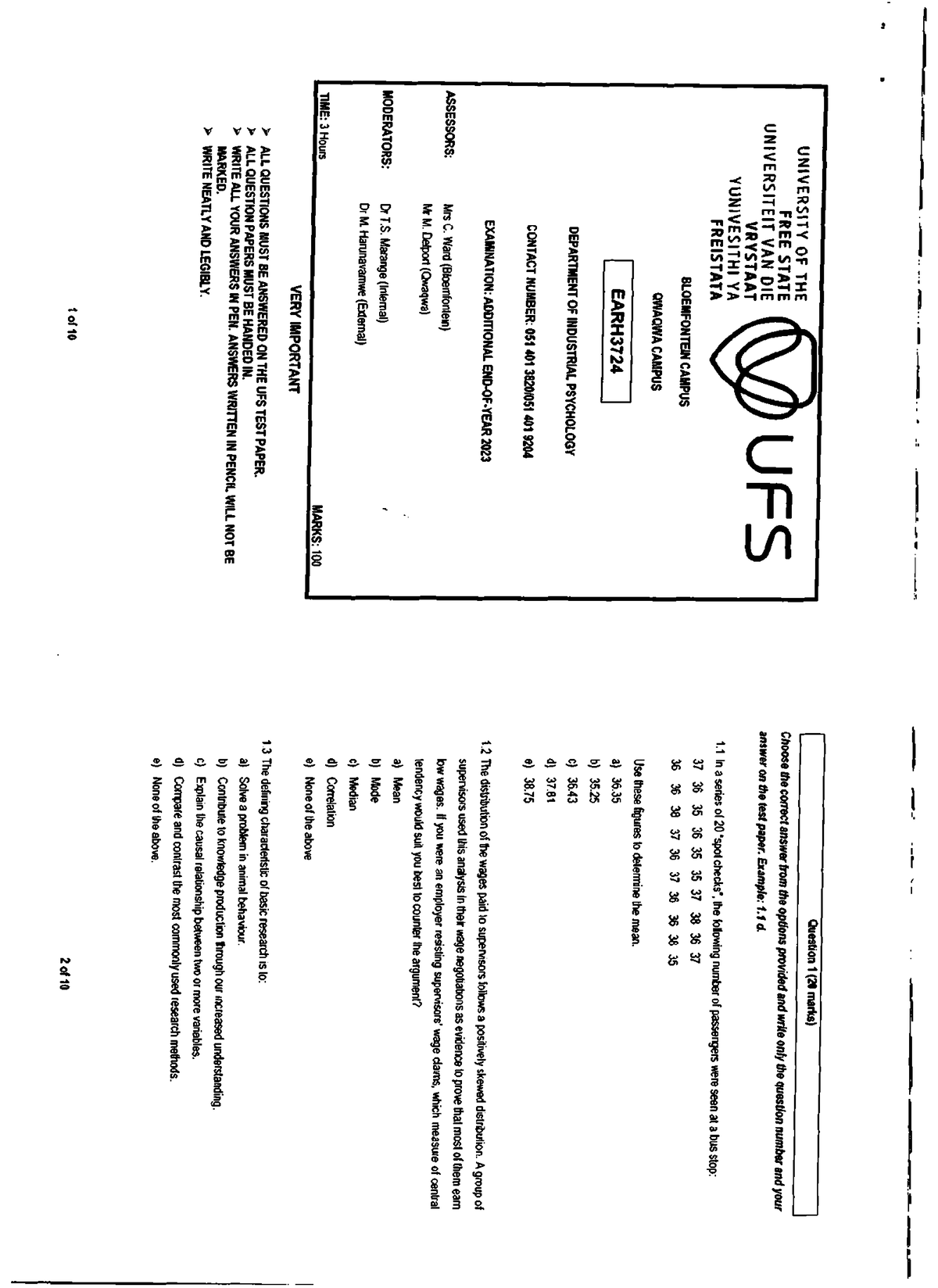 UFS EARH3724 Past Question Paper: Research Methodology & Statistics ...