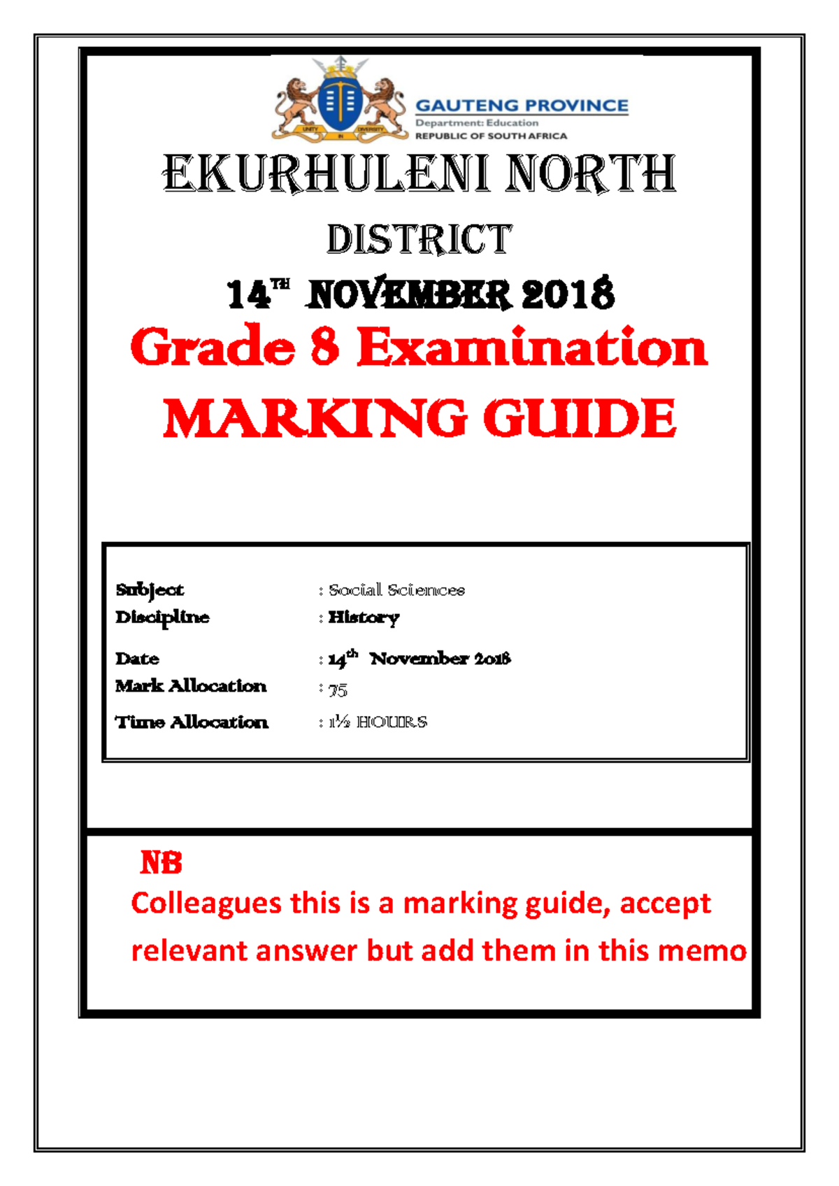 444163372 Grade 8 History Final Exam MEMO Marking Guide Nov 2018 - Studocu