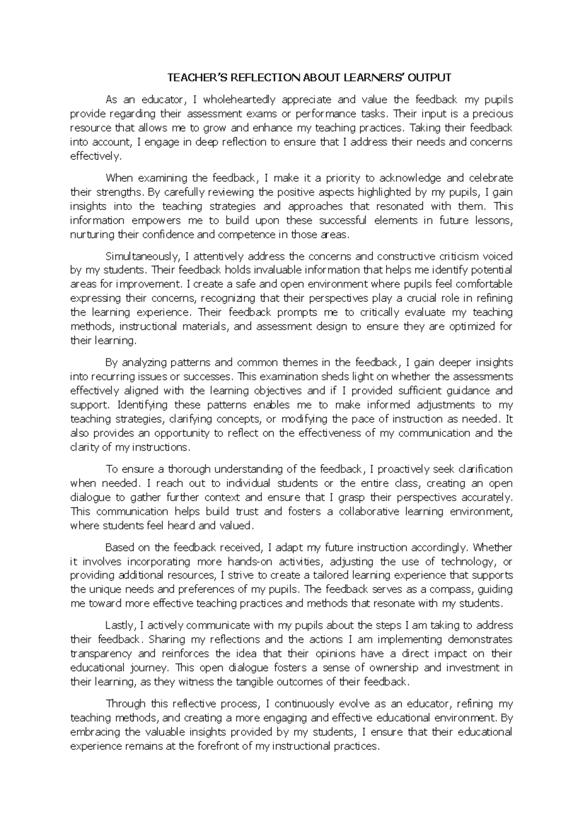 Teacher's Reflection on Learners' Assessment Feedback - Studocu