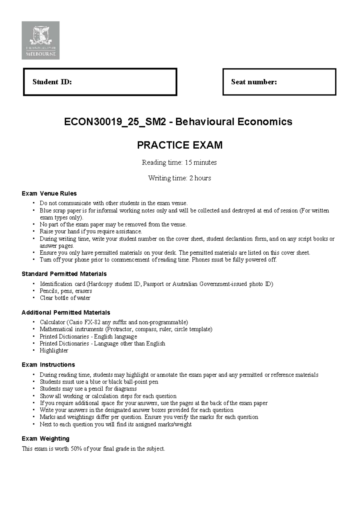 ECON30019_25_SM2 Behavioural Economics Practice Exam 2025 - Studocu