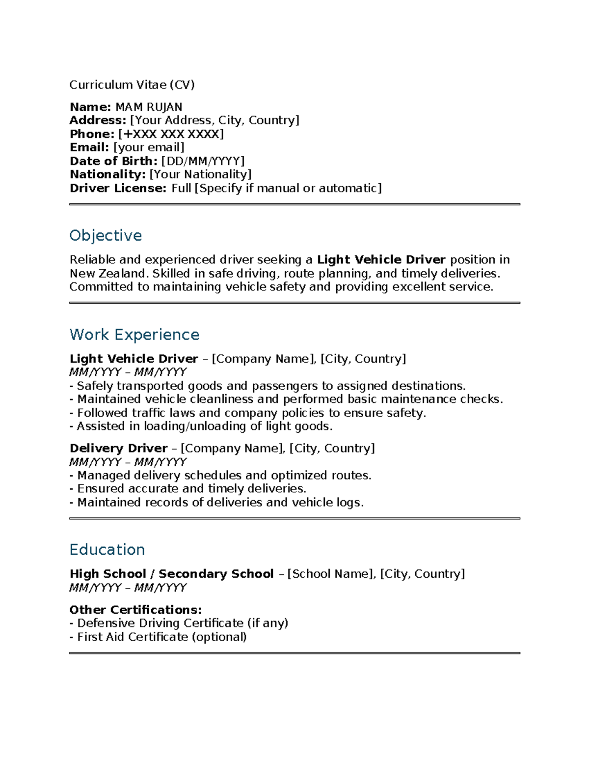 NZ Driver CV - Light Vehicle Driver Position Application - Studocu