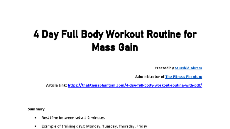 4 Day Full Body Workout Routine for Mass Gain (FIT101) - Studocu