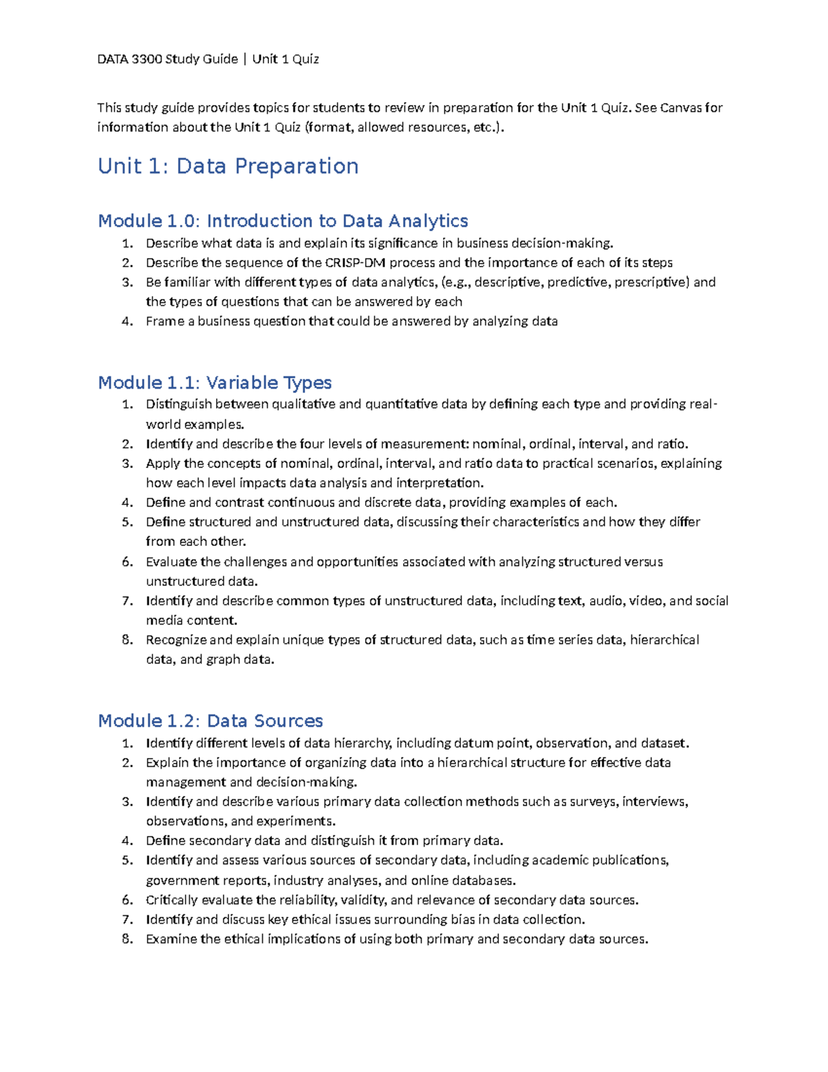 DATA 3300 Study Guide: Key Topics for Unit 1 Quiz Prep - Studocu