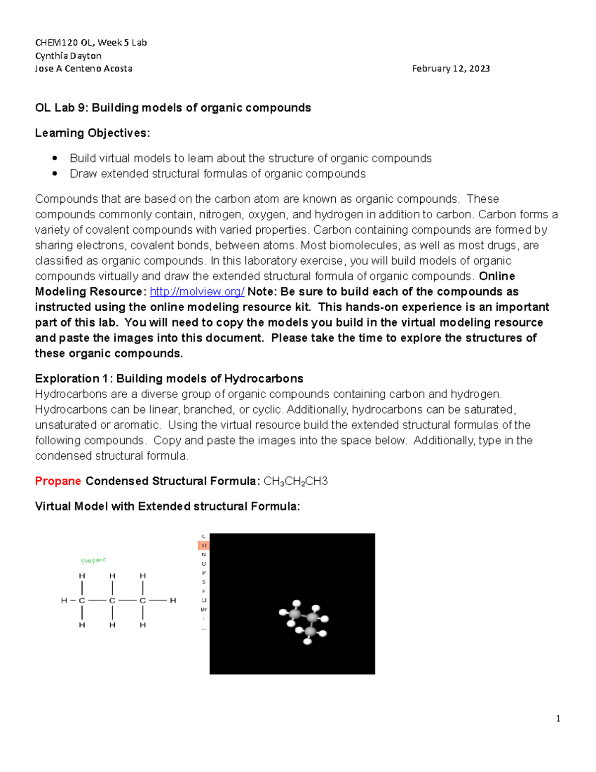OL Lab 9: Building Models of Organic Compounds - Week 5 Report - Studocu