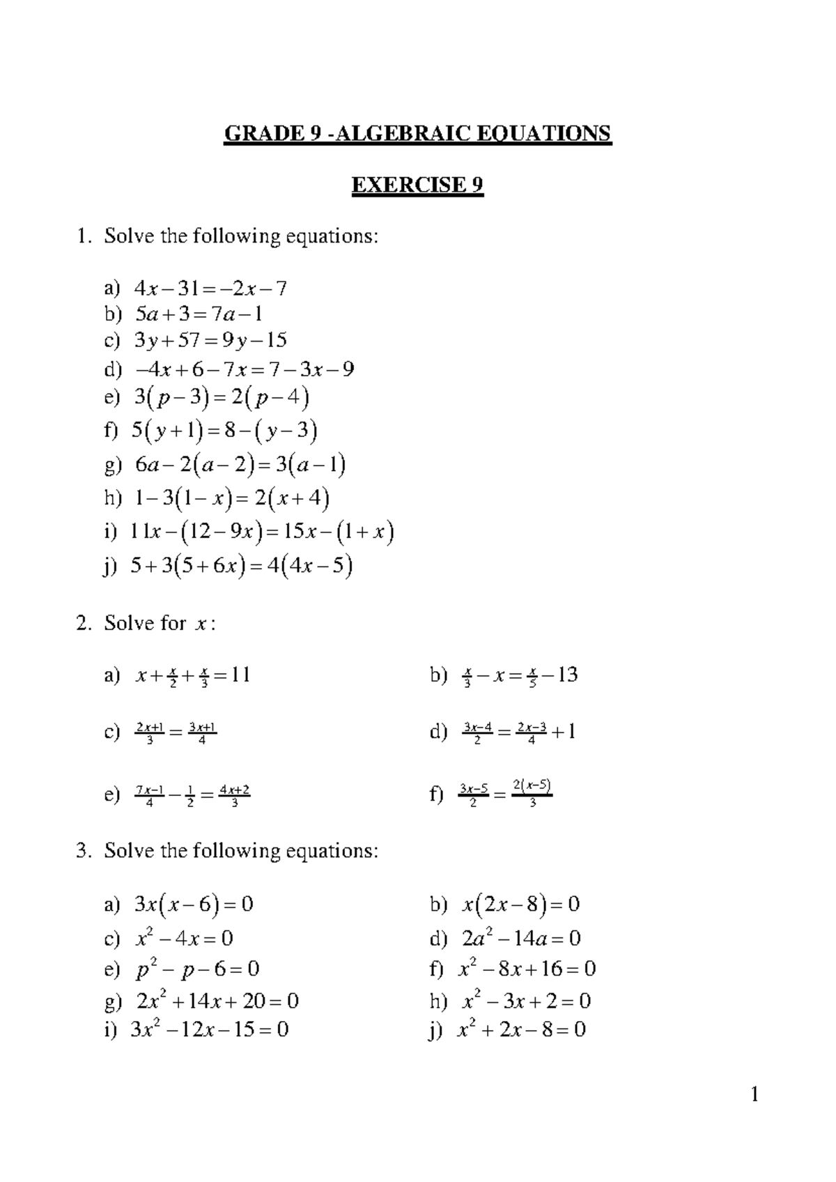 GRADE 9 - ALGEBRAIC EQUATIONS EXERCISE 9 SOLUTIONS - Studocu
