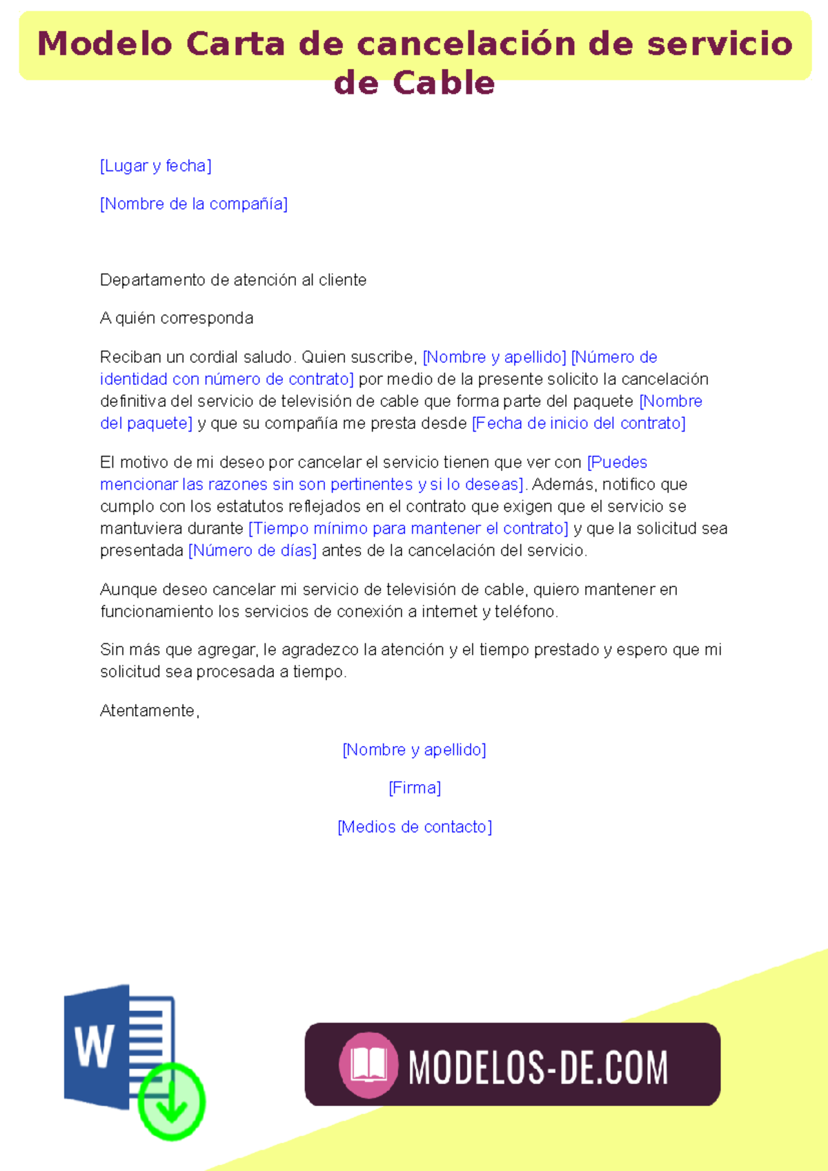 Carta de Cancelación de Servicio de Cable - Modelo Ejemplo - Studocu