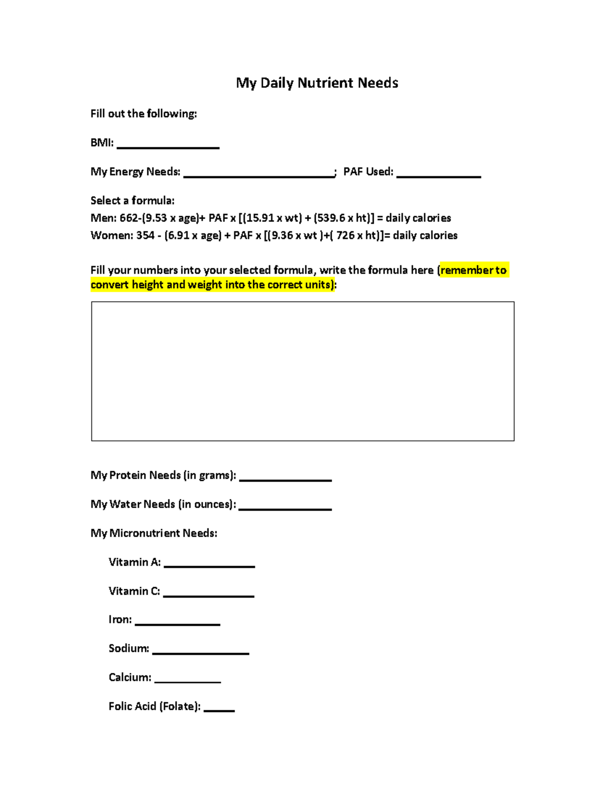 My Daily Nutrient Needs Form - My Daily Nutrient Needs Fill out the ...