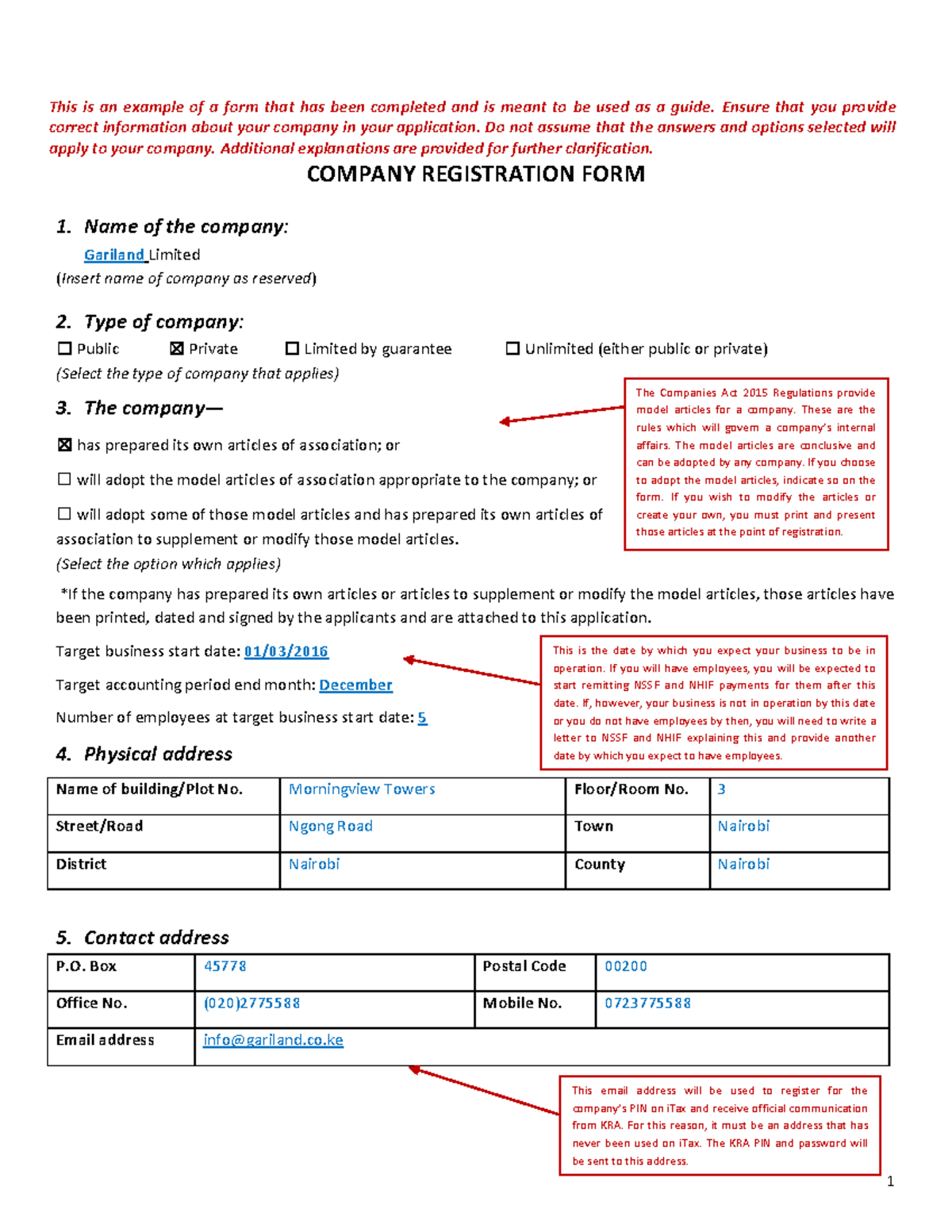 Guidelines for Completing Company Registration Form CR 1 - Studocu