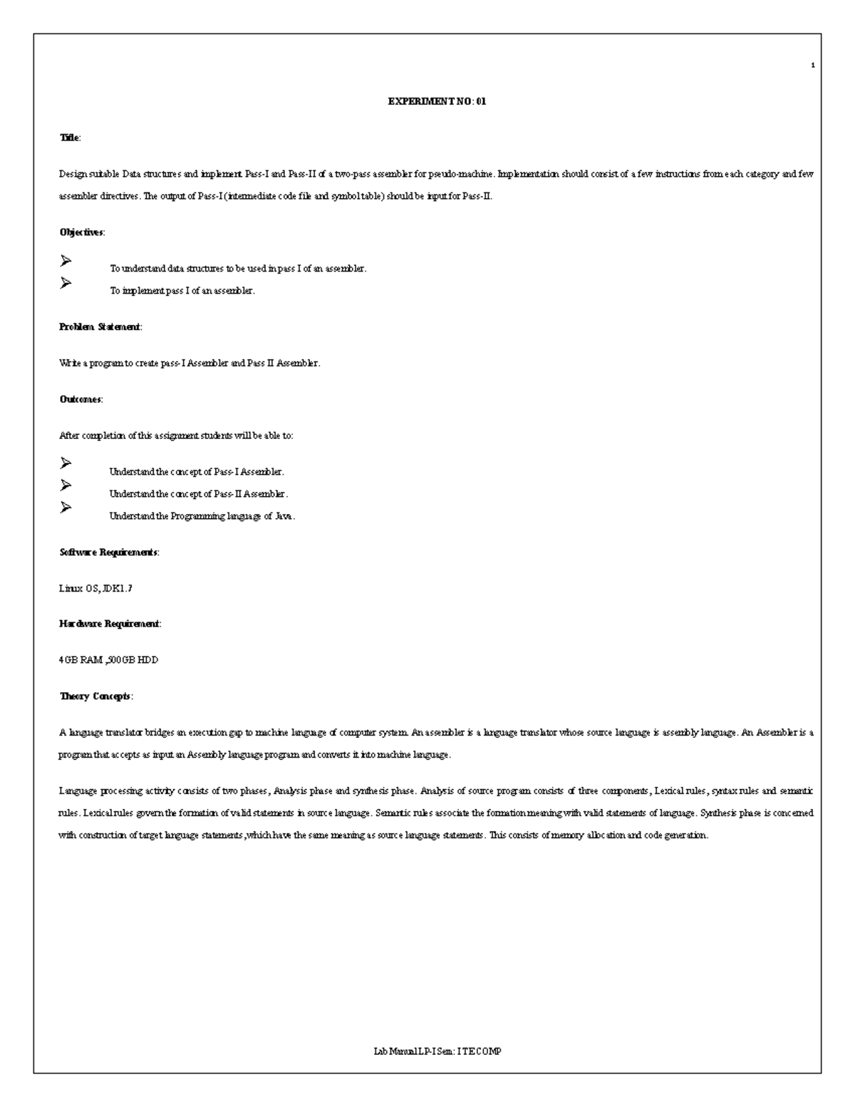 Lab Manual Sem: I TE COMP - Two Pass Assembler Design and ...