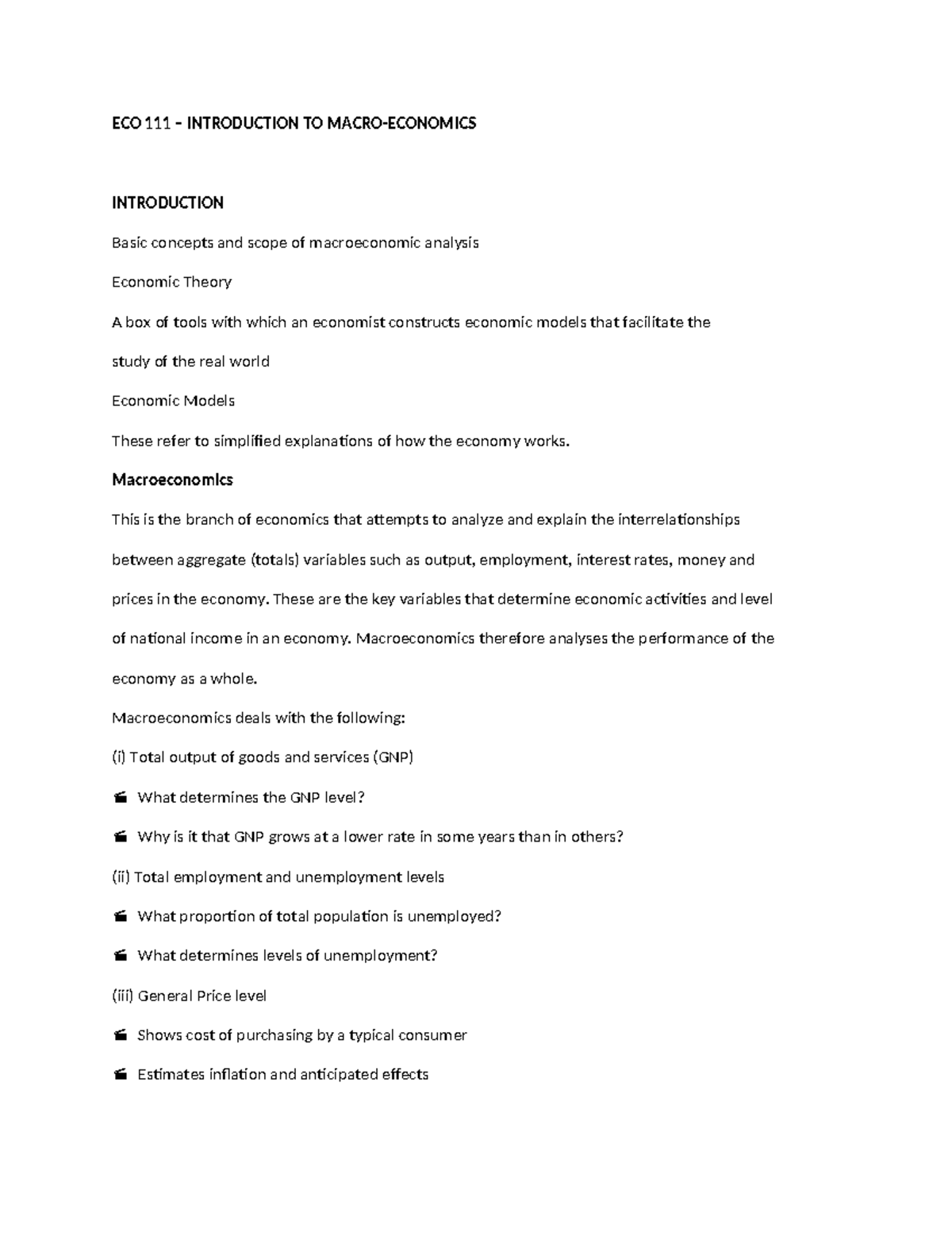 ECO 111 - Topic 1: Introduction to Macroeconomics Concepts - Studocu