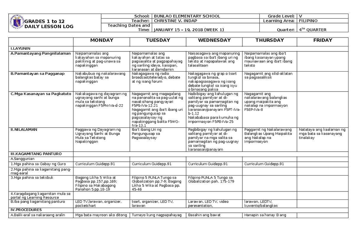 DLL Filipino 5 Q4 W1: Daily Lesson Log for Week 1 - Studocu