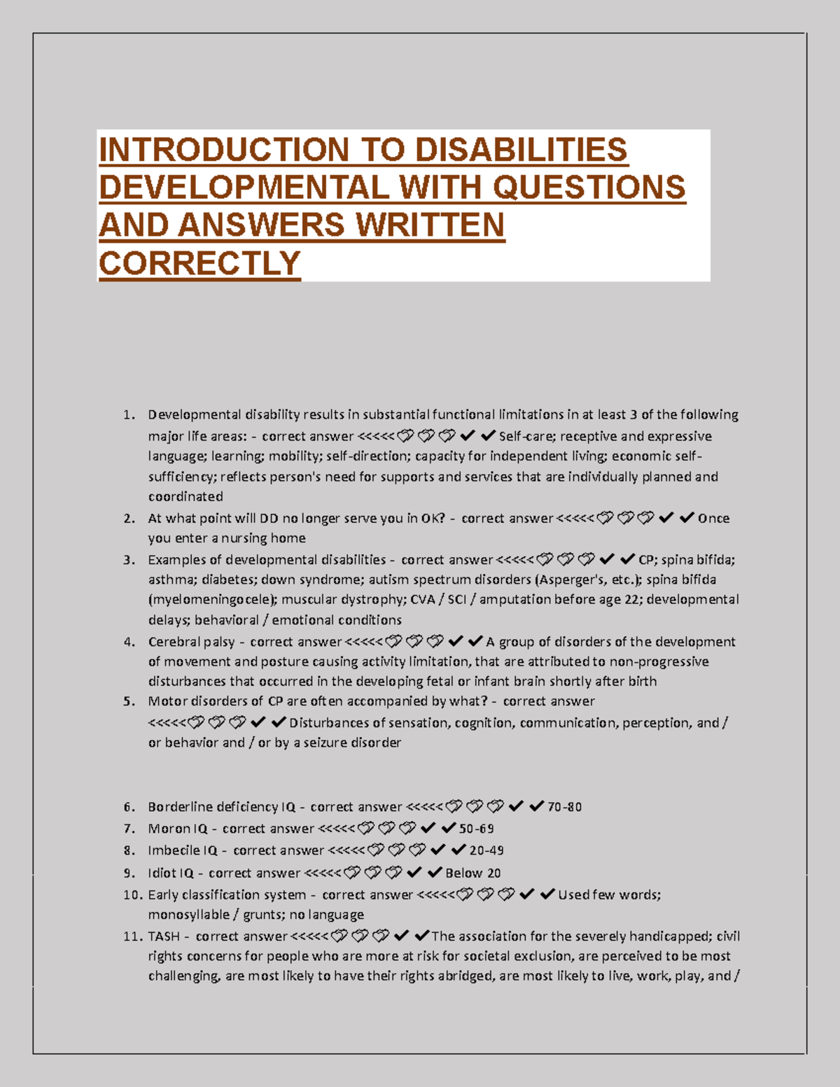 Introduction to Developmental Disabilities: Q&A Guide - Studocu