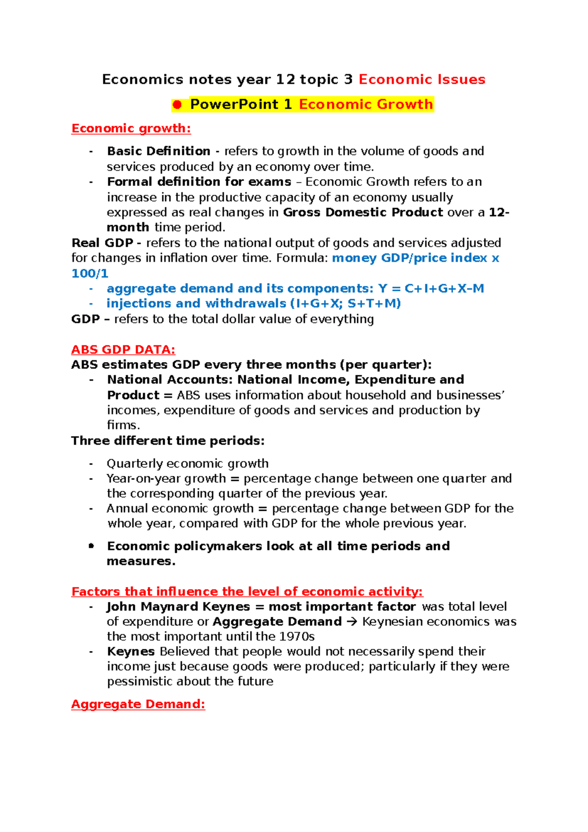 Economics Notes Year 12: Topic 3 - Economic Issues Overview - Studocu