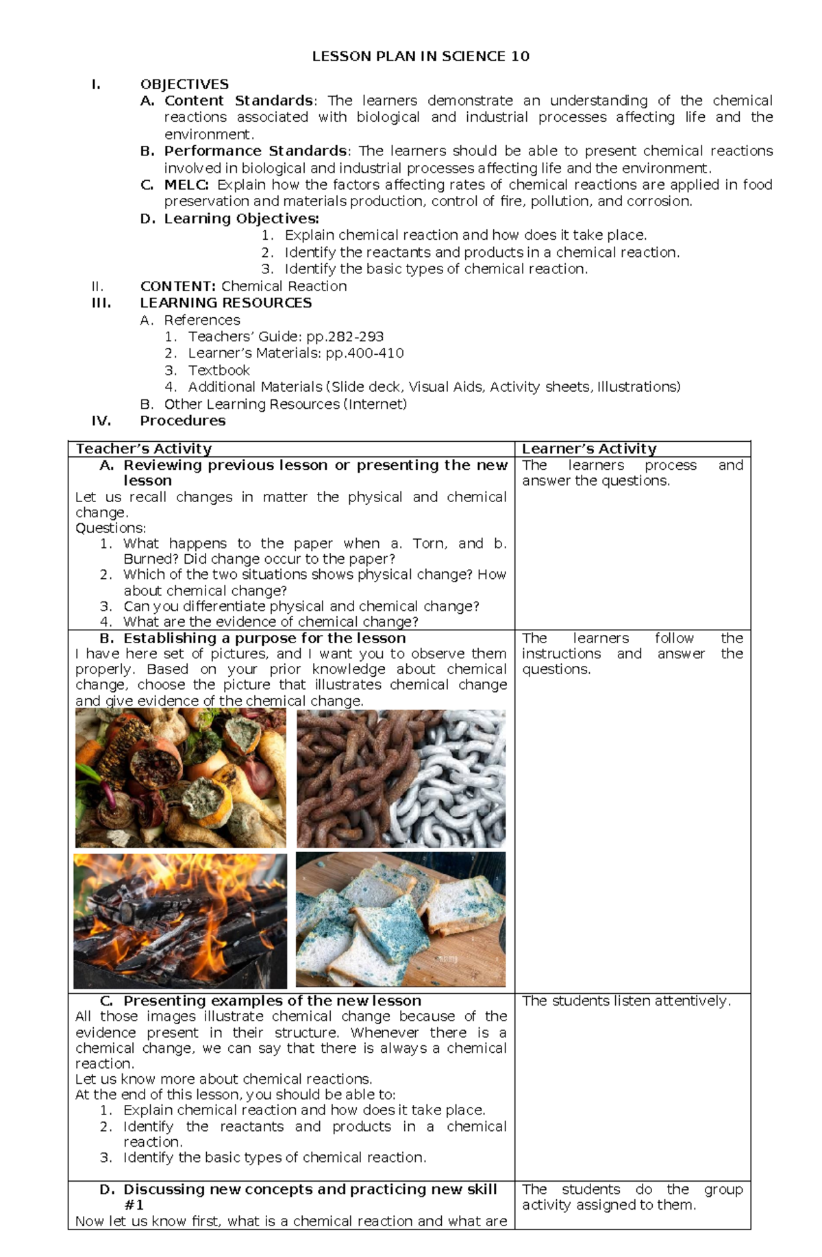 LP: Lesson Plan on Chemical Reactions for Science 10 - Studocu