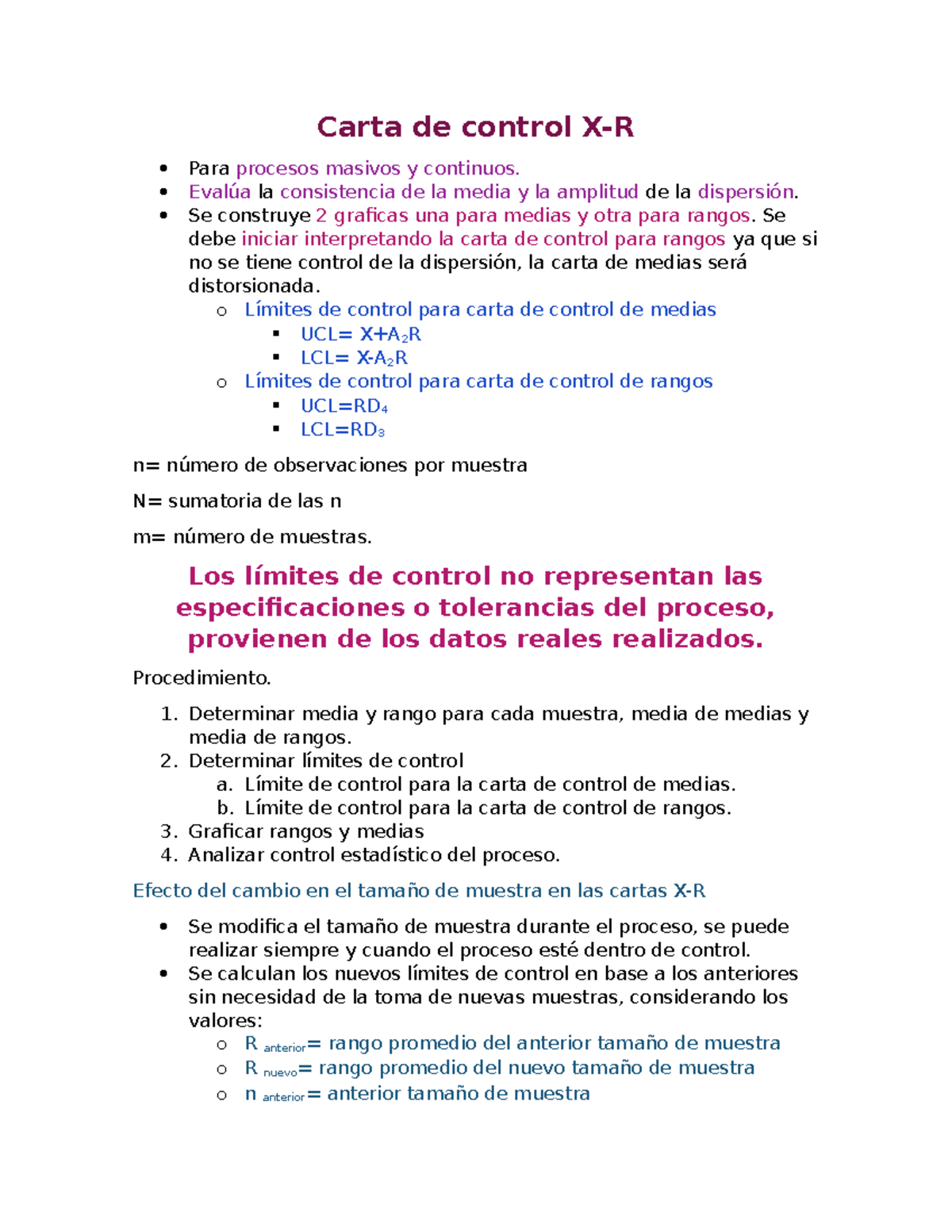 Apuntes sobre Cartas de Control X-R y su Aplicación en Procesos - Studocu