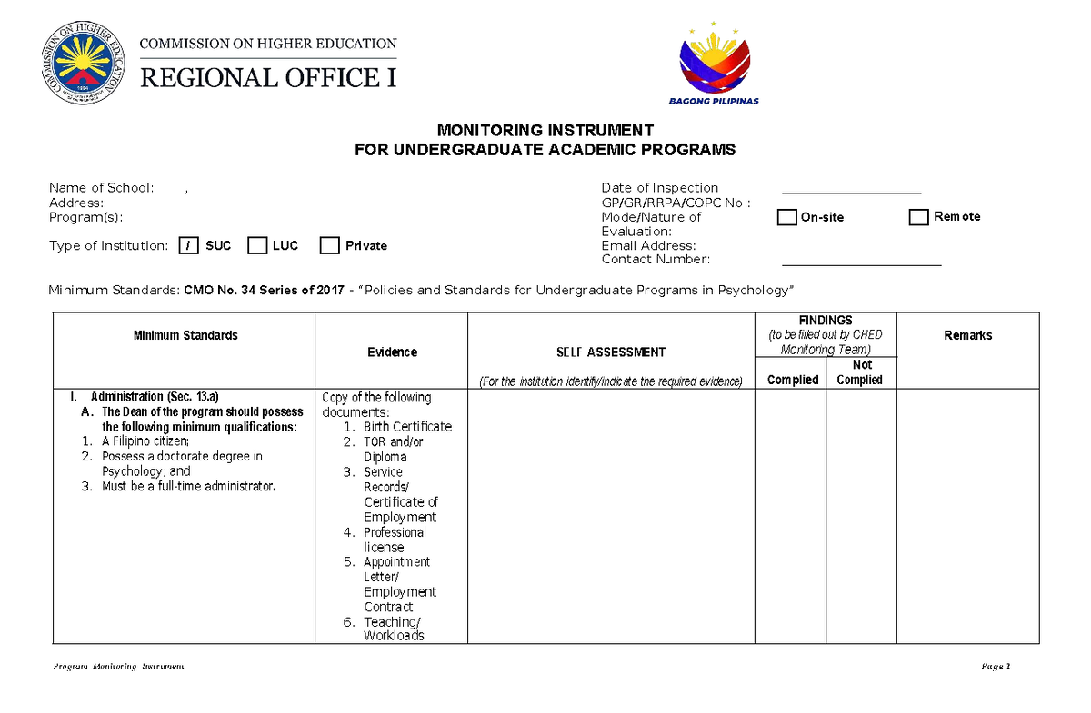 CHED Form - Monitoring Instrument for Undergraduate Programs - Studocu