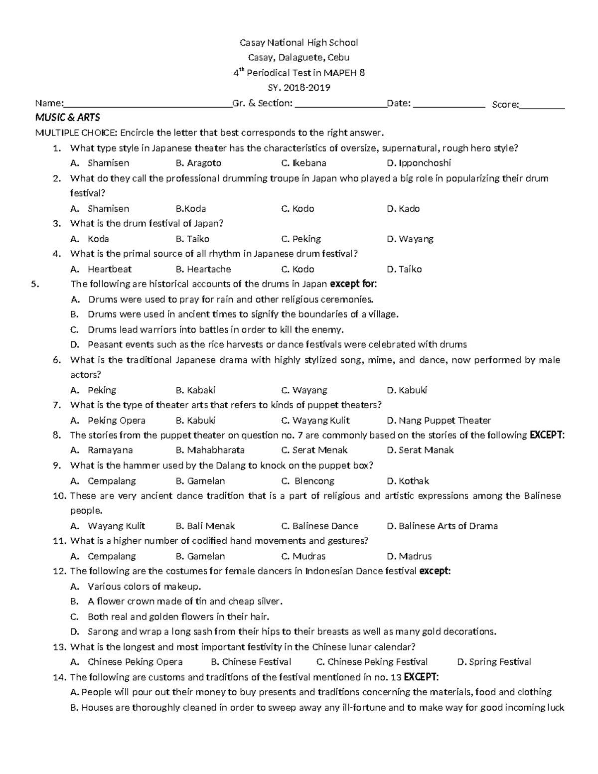 MAPEH 8 - 4th Quarter Periodical Test Review and Answers - Studocu