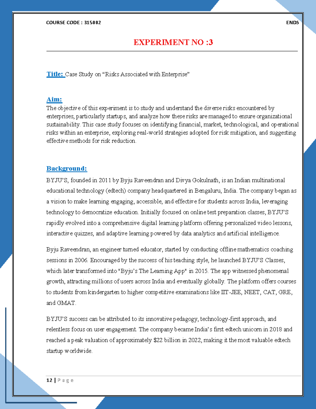 Case Study on Risk Management in Startups (315002) - Studocu