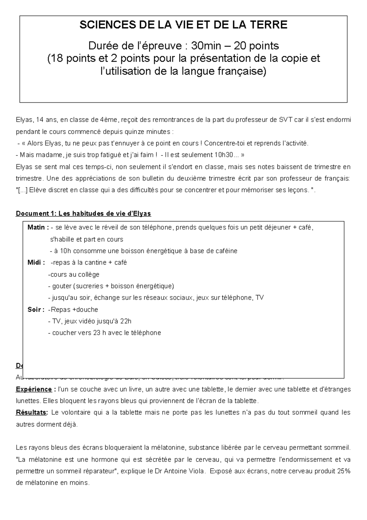 Brevet Blanc SVT 19 - Les Habitudes de Sommeil d’Elyas et Écrans - Studocu
