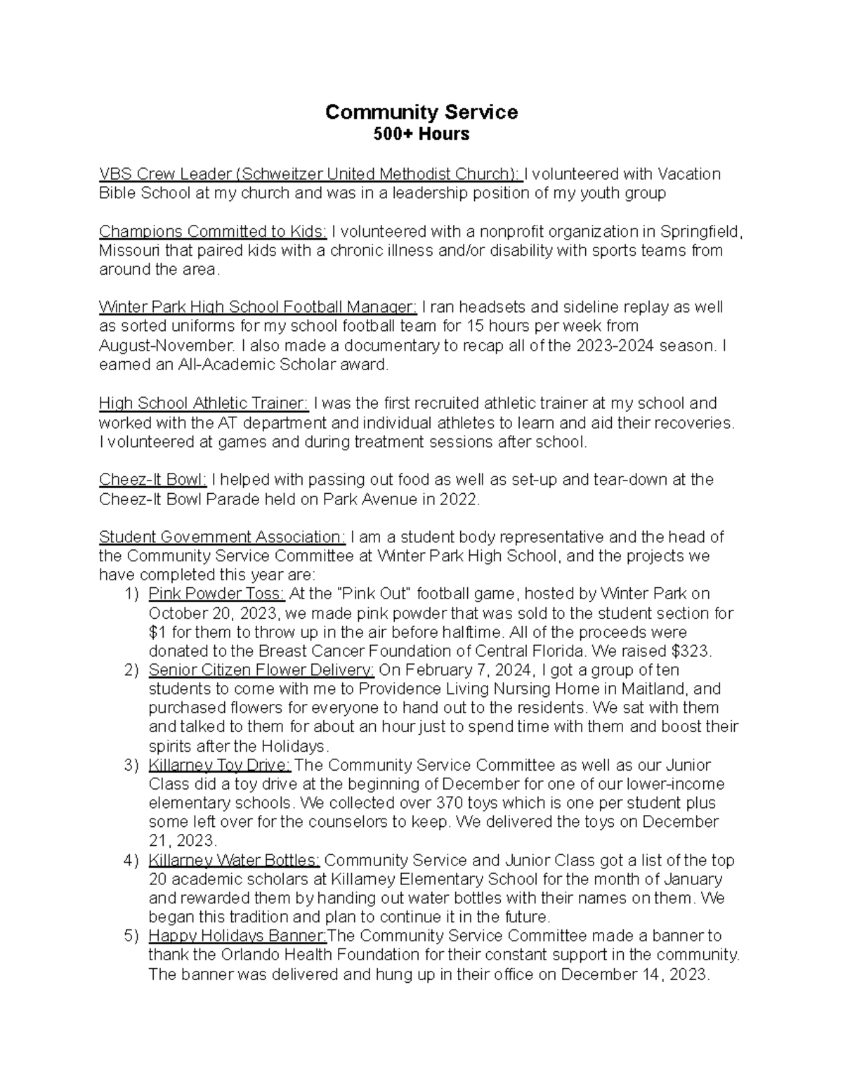 Community Service Overview and Activities - 500+ Hours Commitment - Studocu
