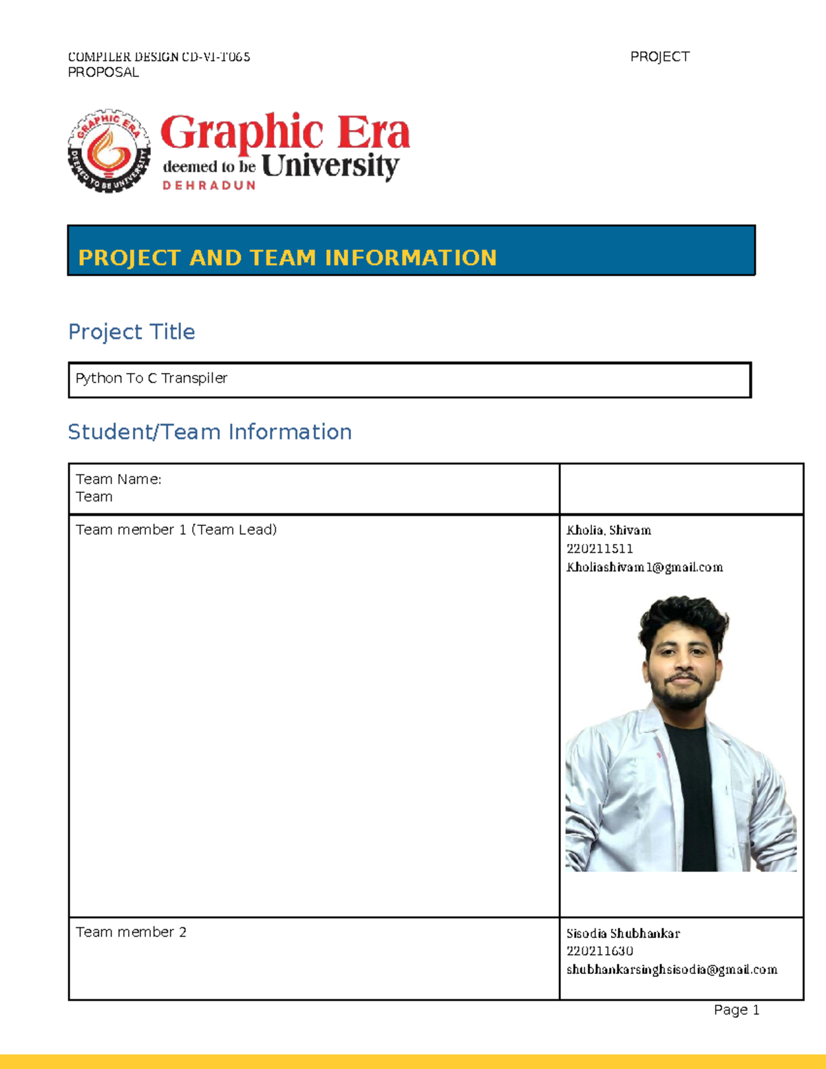 COMP 2202: Compiler Design Project Proposal and Team Overview - Studocu